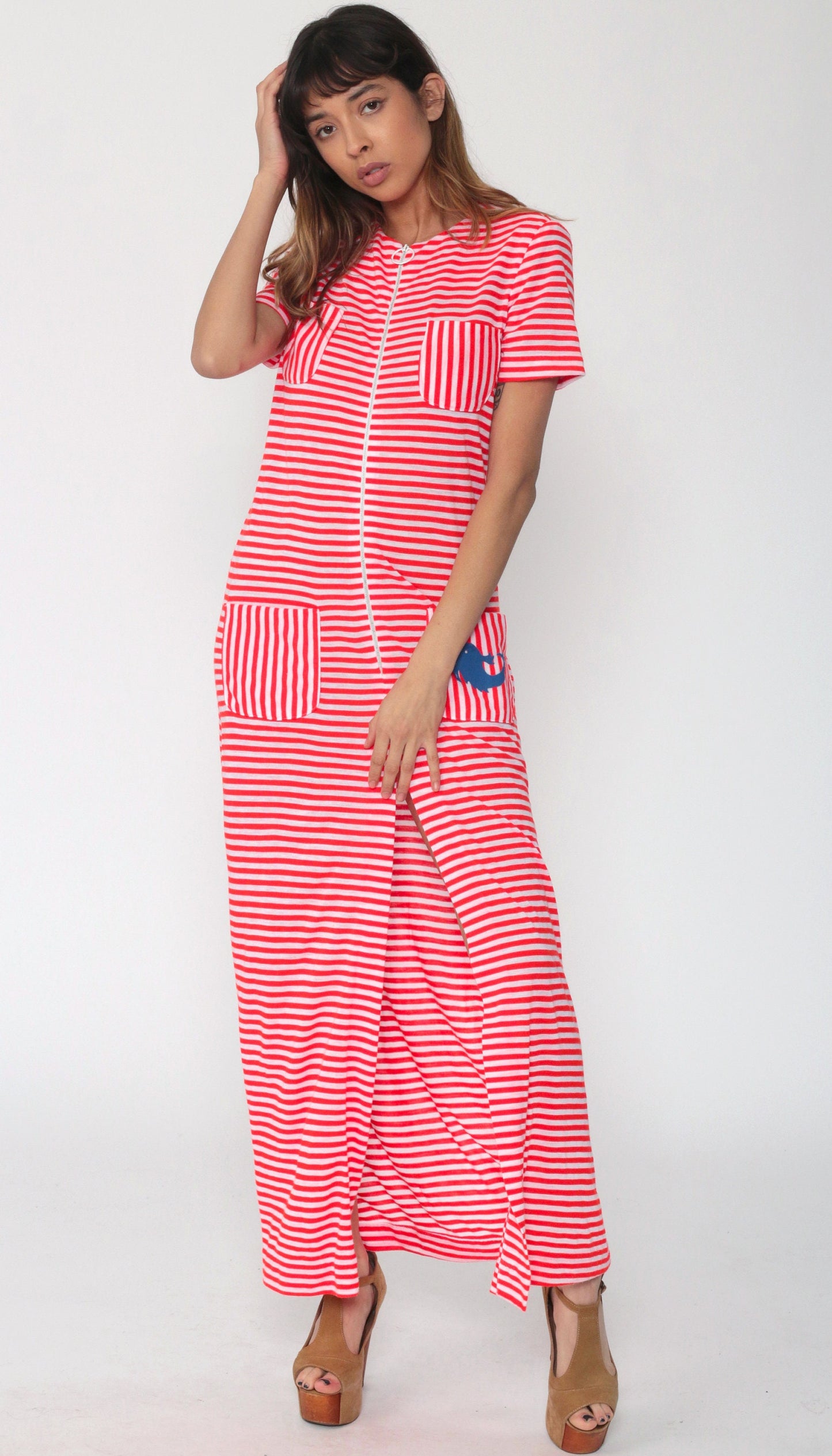 70s Red White Striped Maxi Dress Fish Pocket Front Zip Column Small Medium