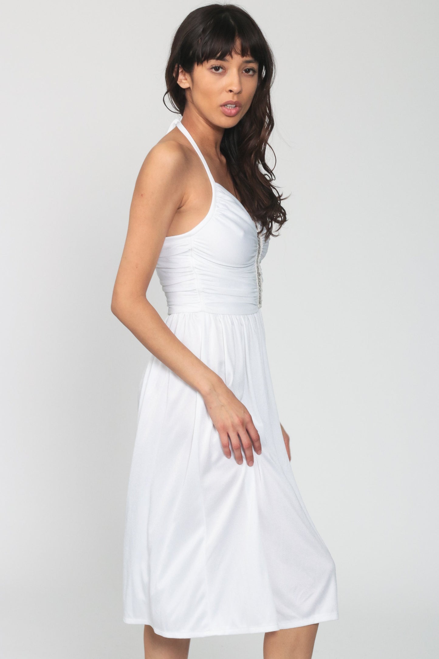 70s White Halter Midi Dress Beaded Cutout Plunging Neckline Extra Small