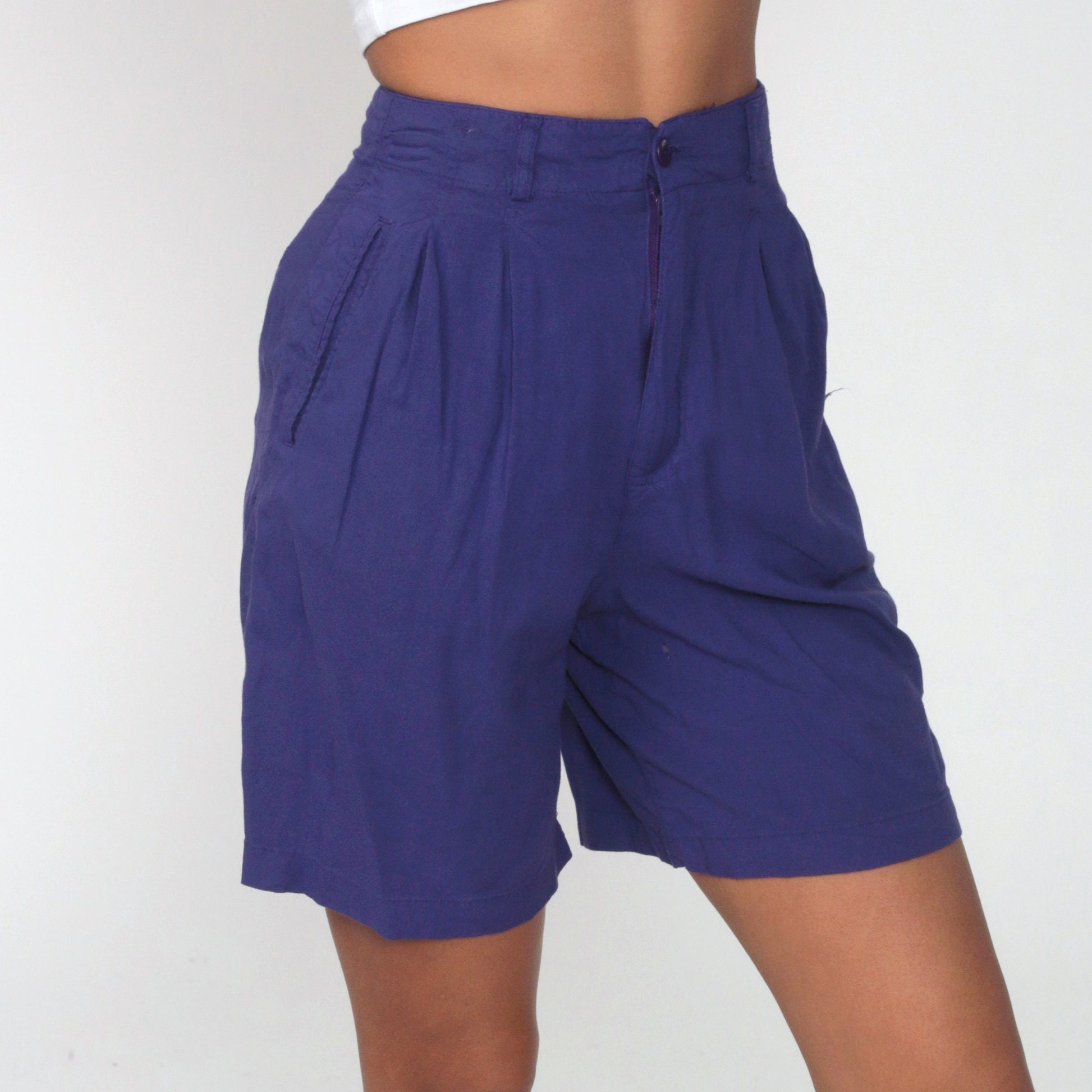 80s Purple Pleated High-Waist Shorts Rayon Baggy Extra Small