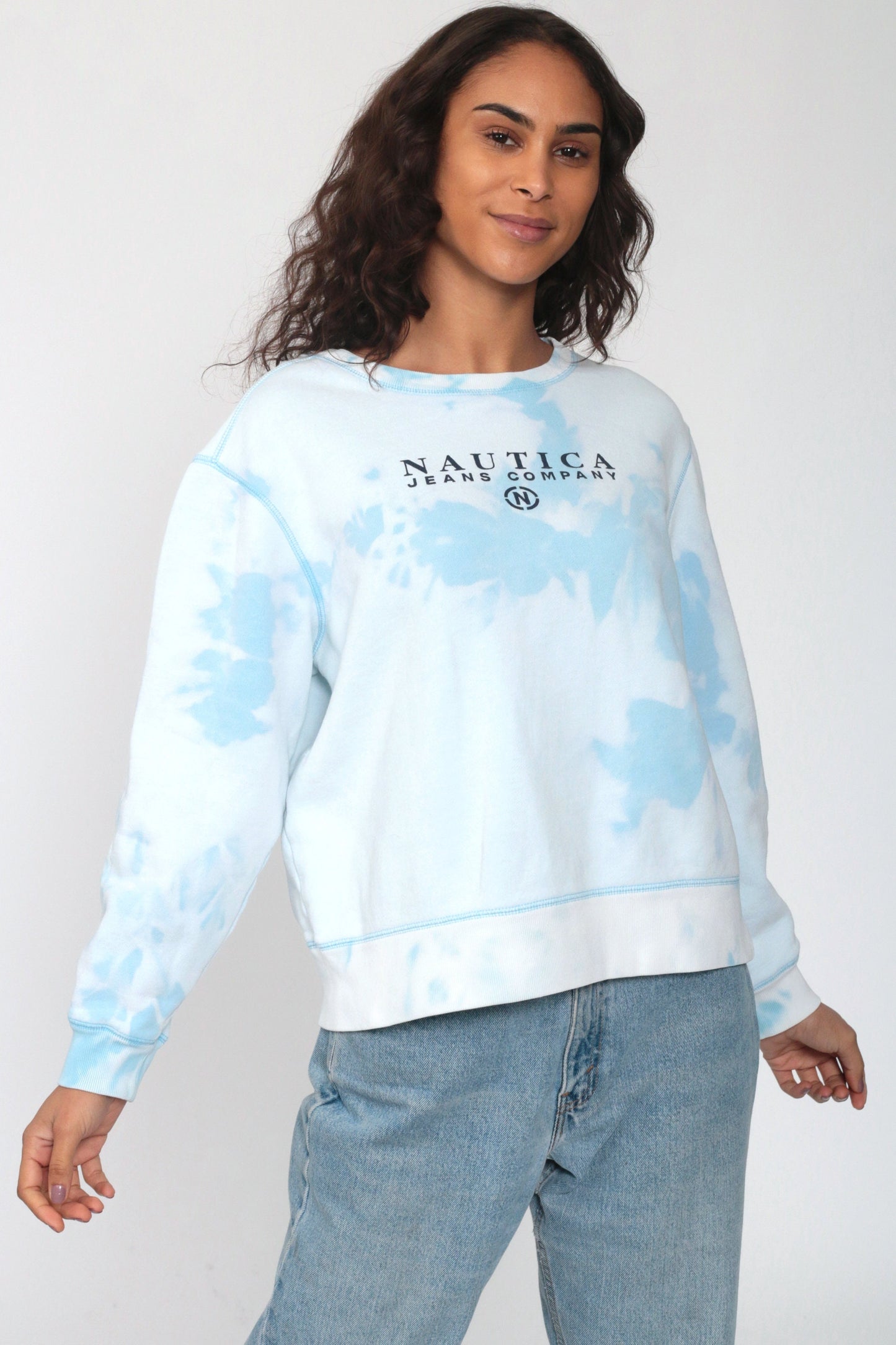 90s Nautica Tie Dye Crewneck Sweatshirt Blue White Extra Large XL