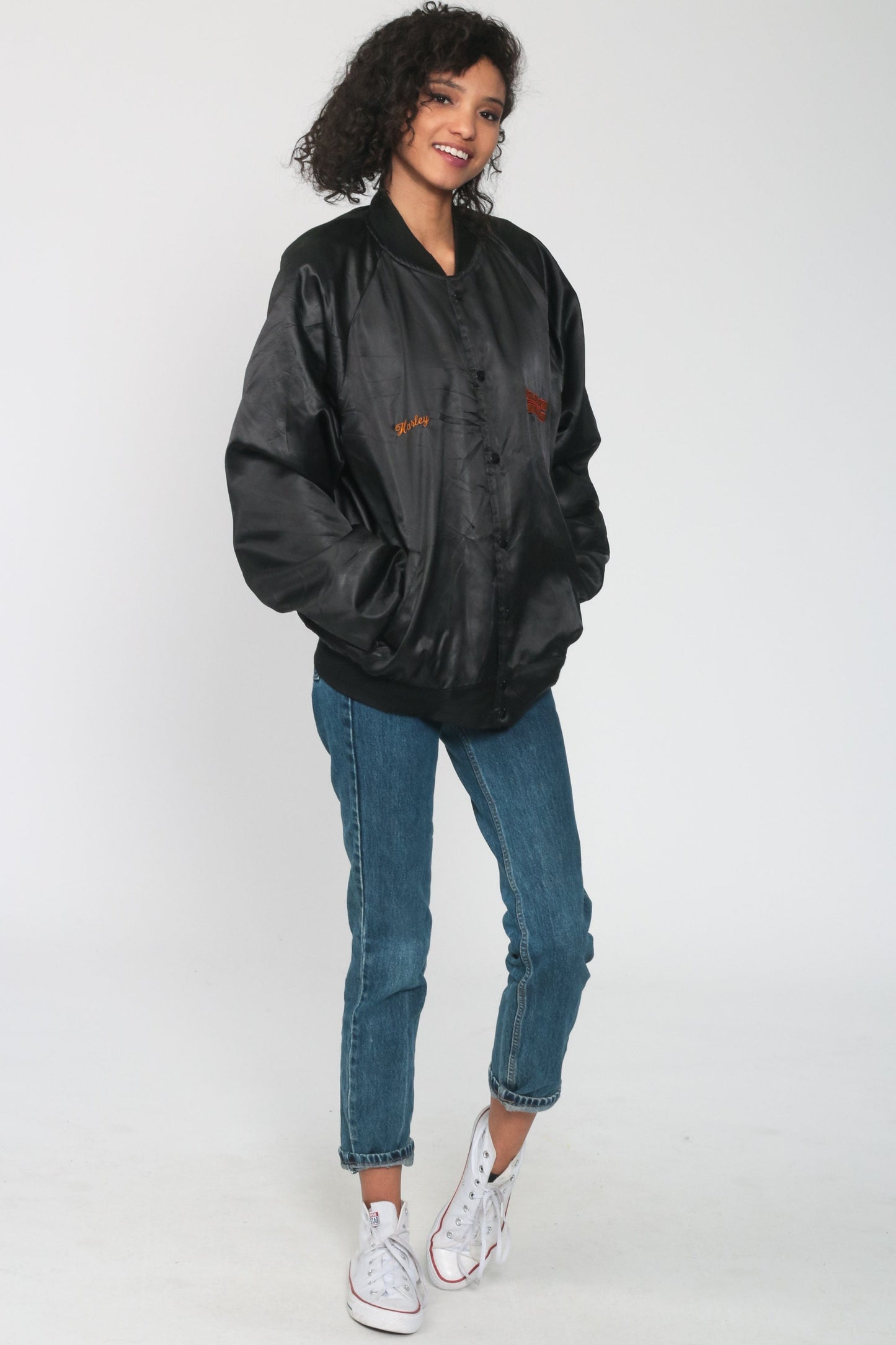 80s TMC Specialized Black Satin Bomber Jacket Snap Up Medium Large