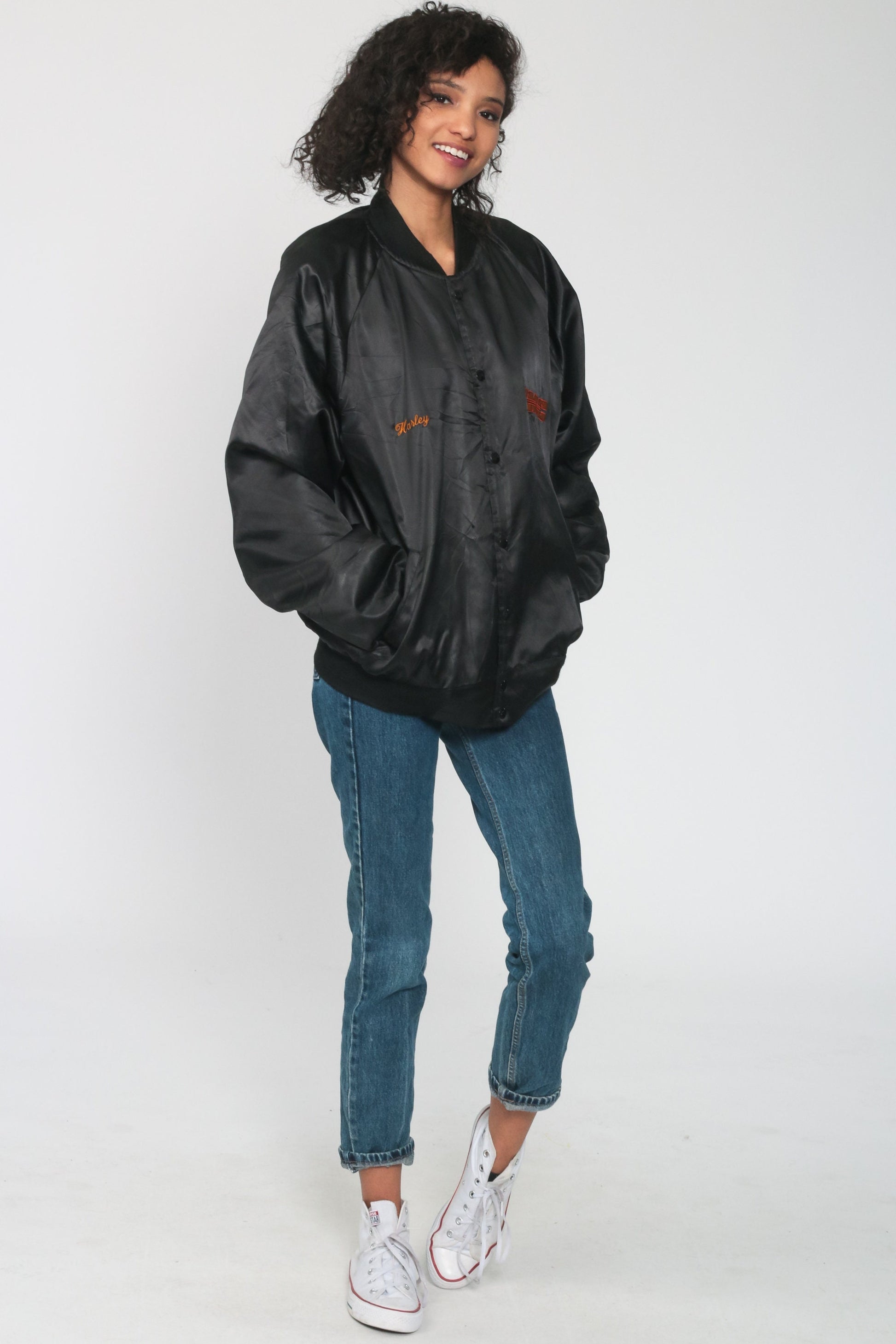 80s TMC Specialized Black Satin Bomber Jacket Snap Up Medium Large