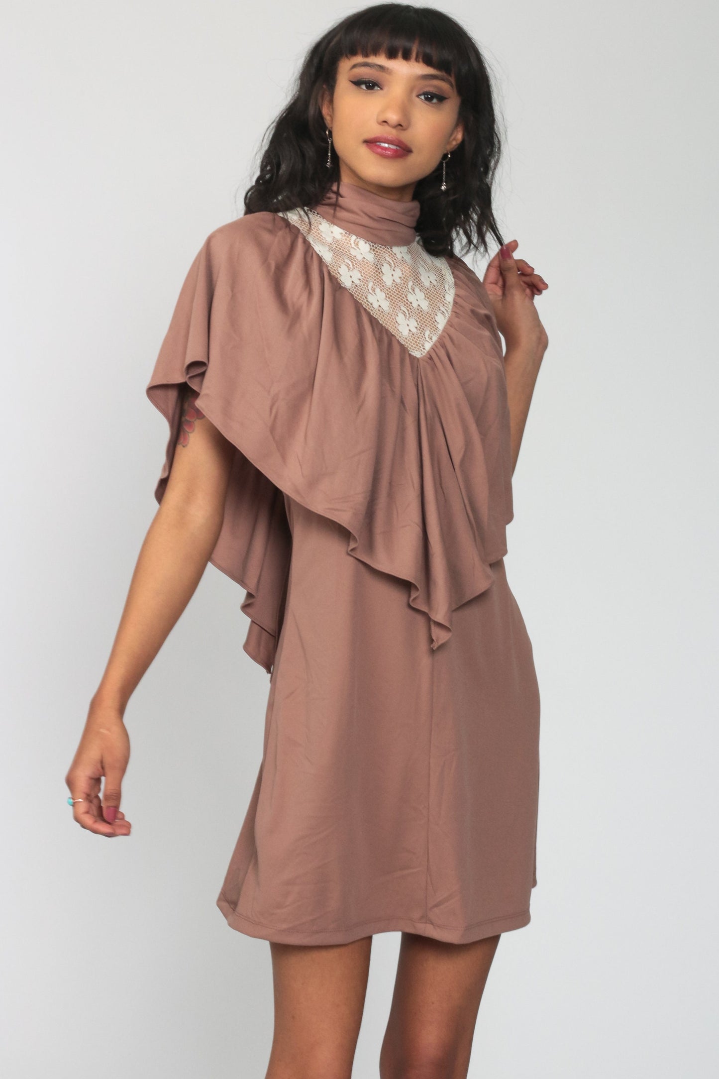 70s Lace Mini Dress with Draped Capelet Mocha High Neck Small