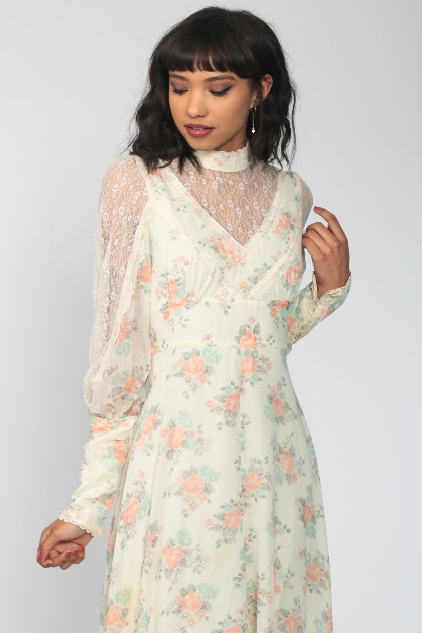 70s Gunne Sax Floral Maxi Dress Lace Sleeves Empire Waist Cream Small