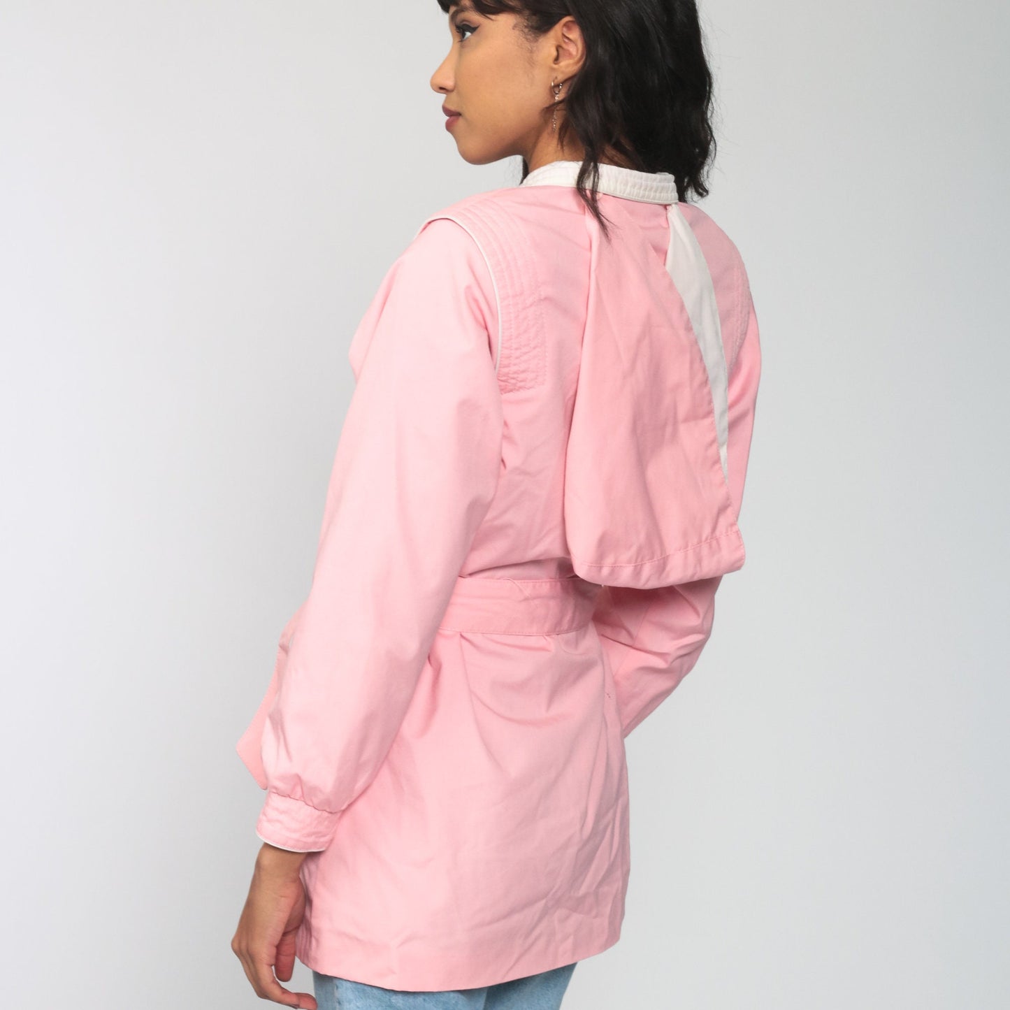 80s Baby Pink Hooded Windbreaker Jacket Belted Cotton Small