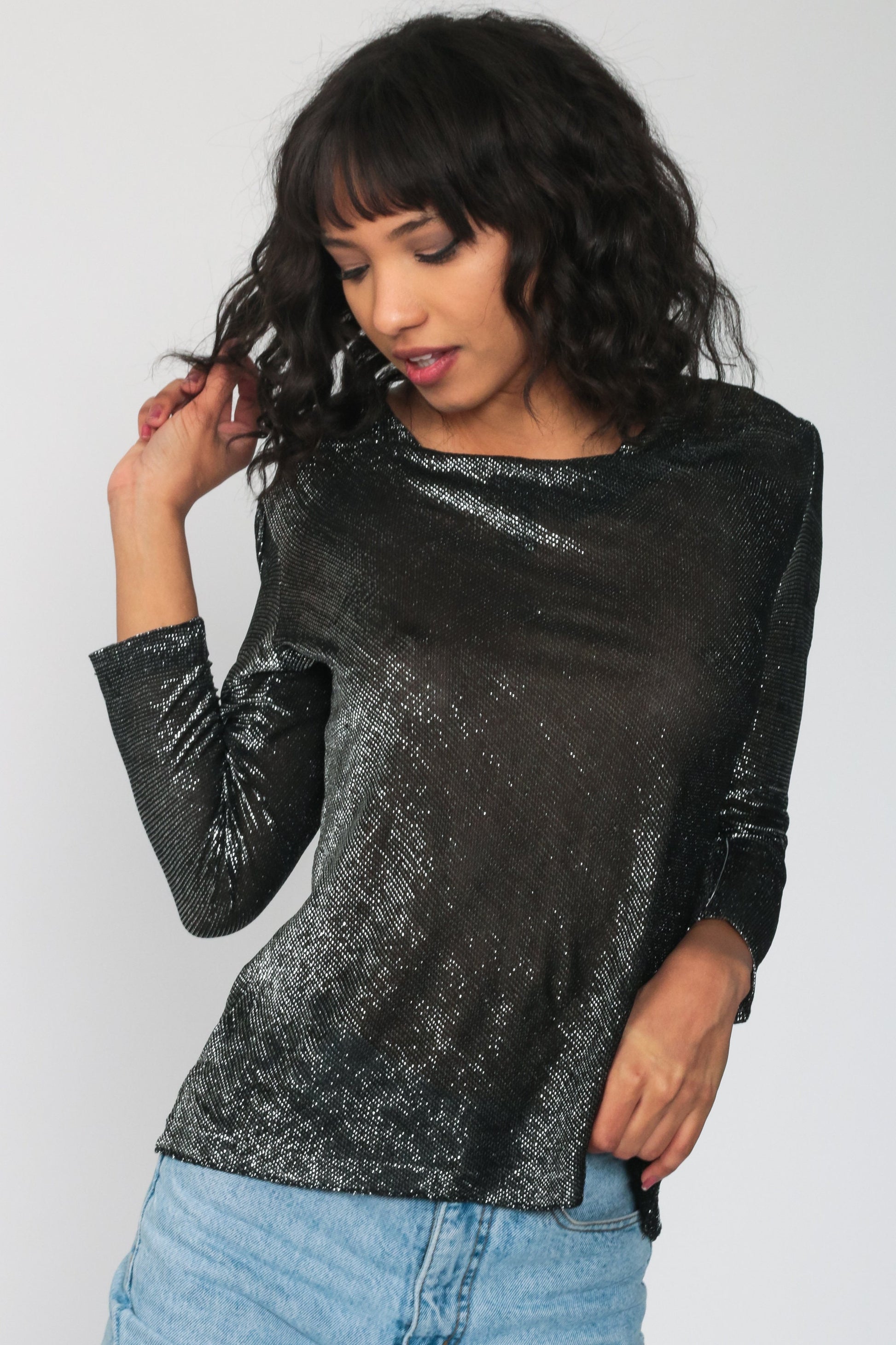 70s Metallic Silver Black Cowl Neck Blouse Puff Sleeve Sheer Top Small