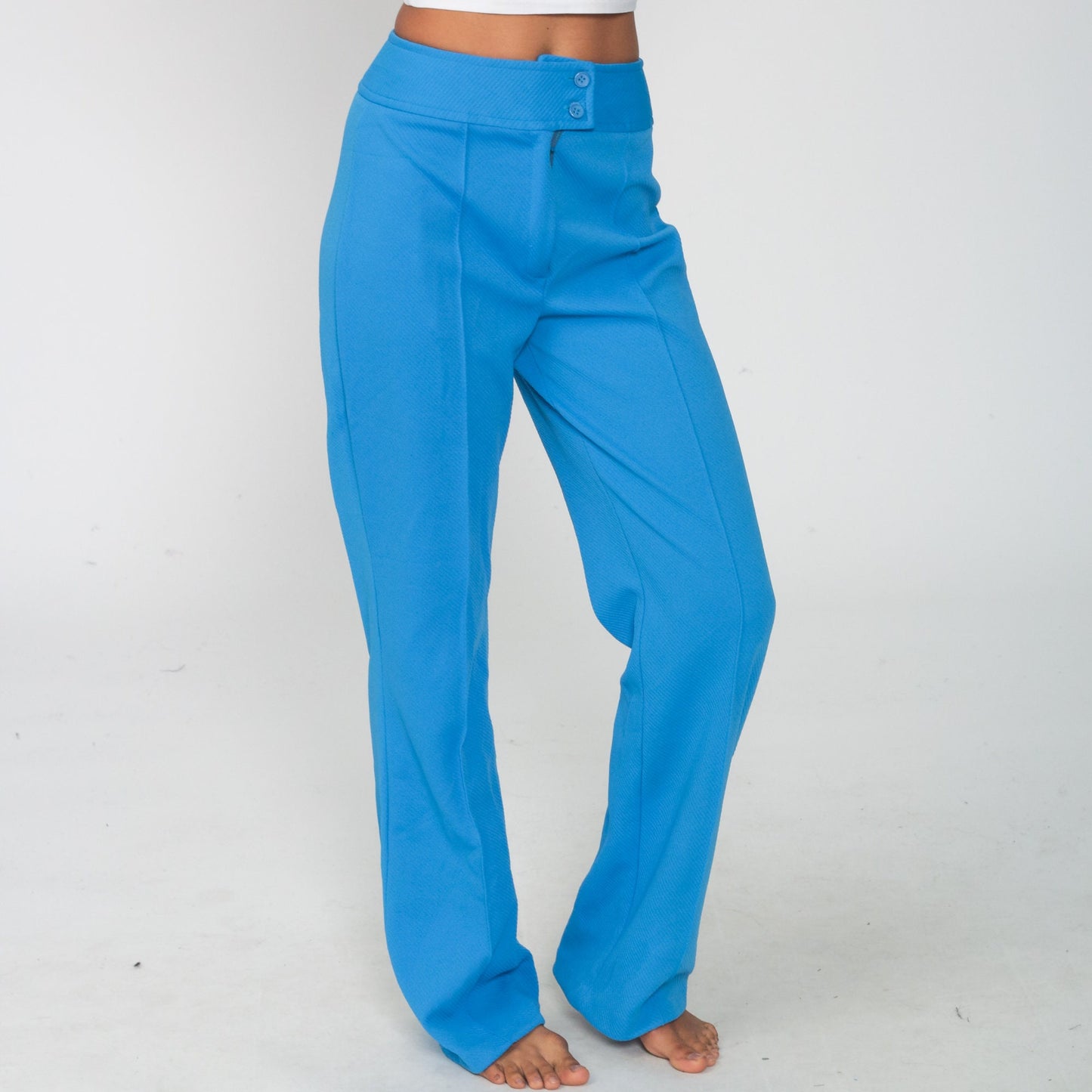 70s Blue Polyester High Waist Bell Bottom Trousers Small
