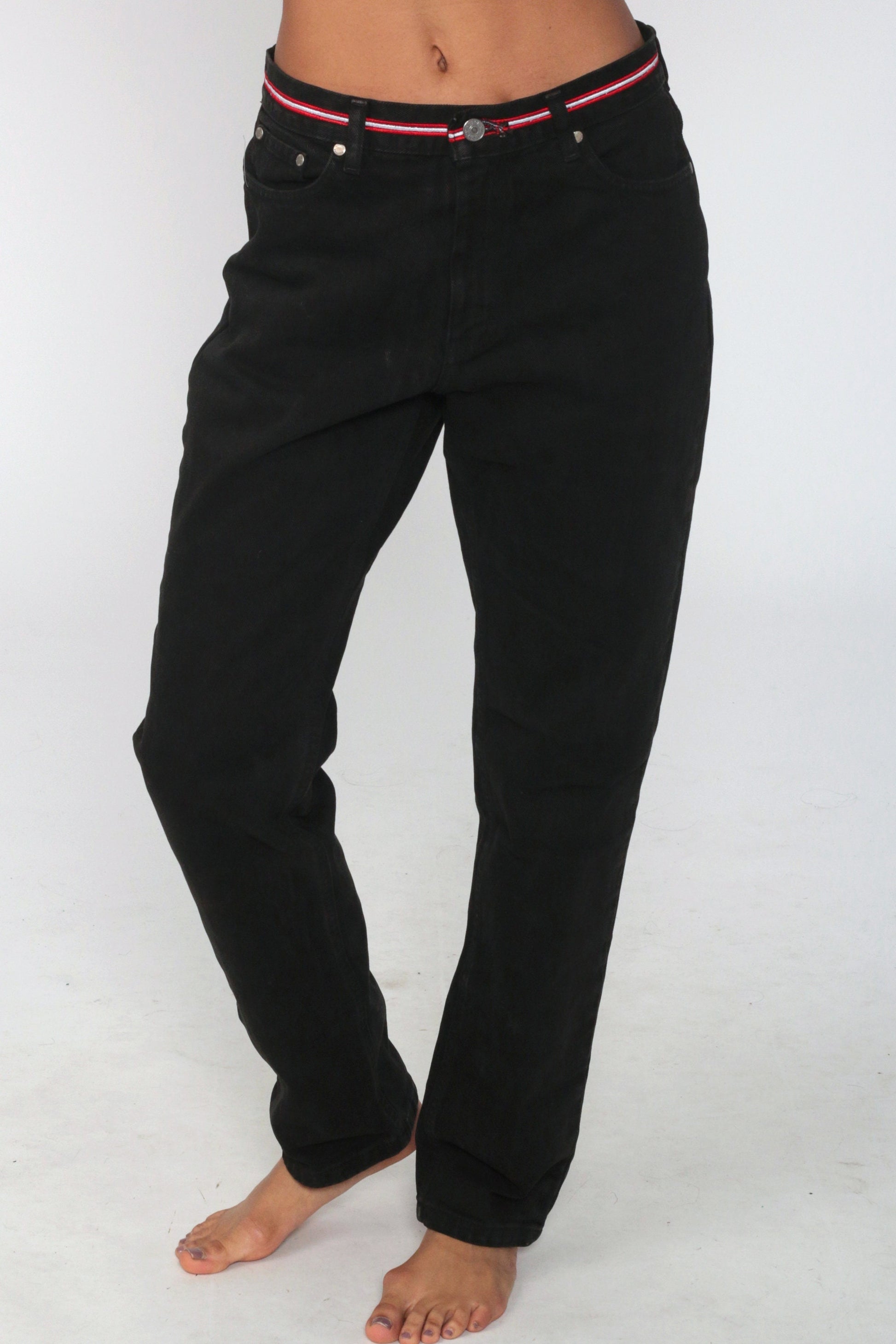 Tommy Hilfiger 90s Black Denim Mom Jeans Red Striped Waistband Size 6