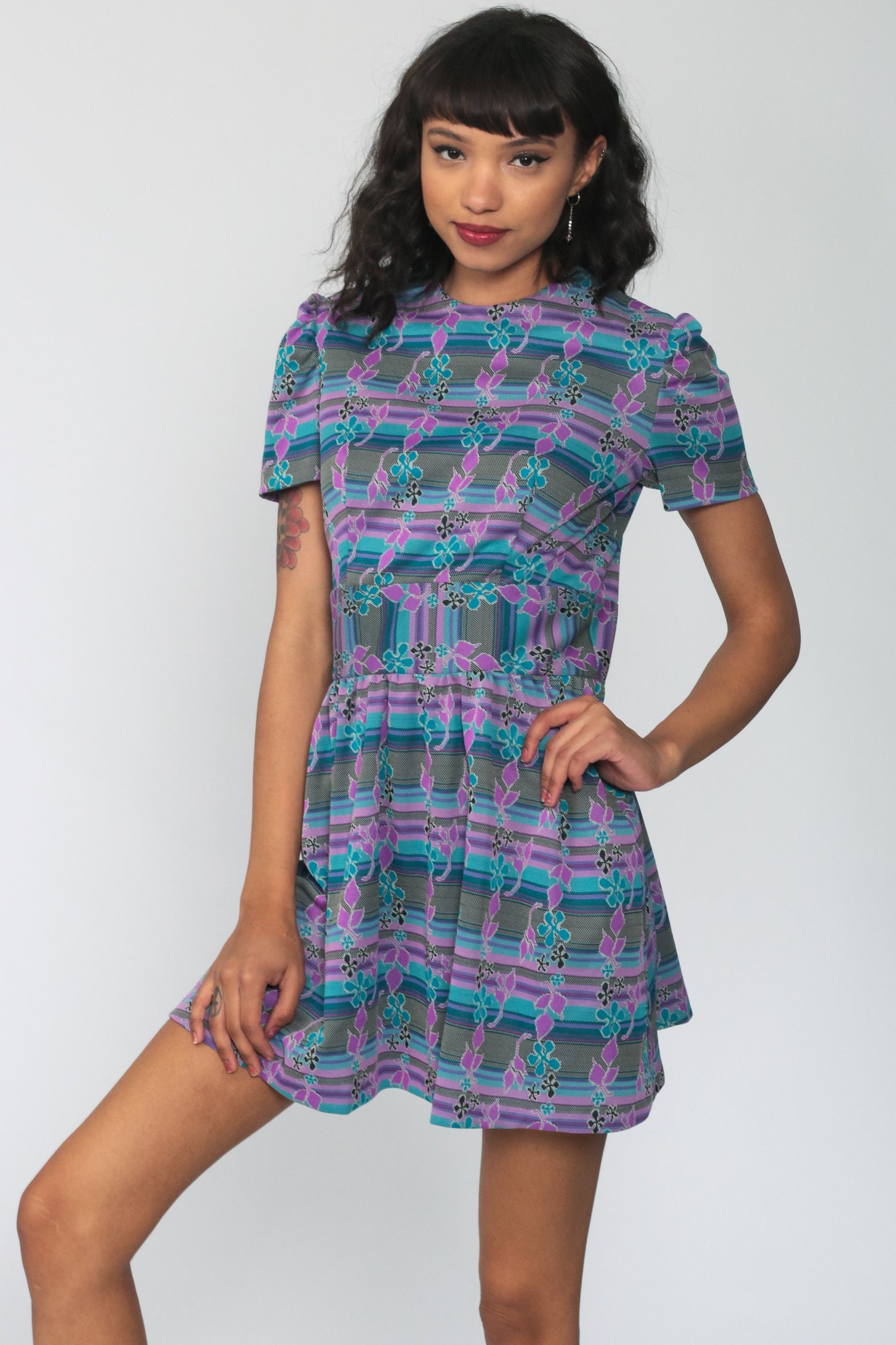 70s Floral Mini Dress Purple Blue Puff Sleeve High Waist Small