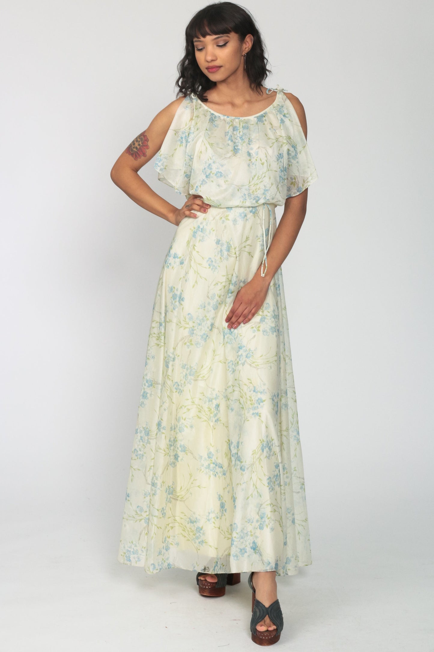 70s Cream Floral Maxi Dress Blouson Bodice Split Sleeves Extra Small
