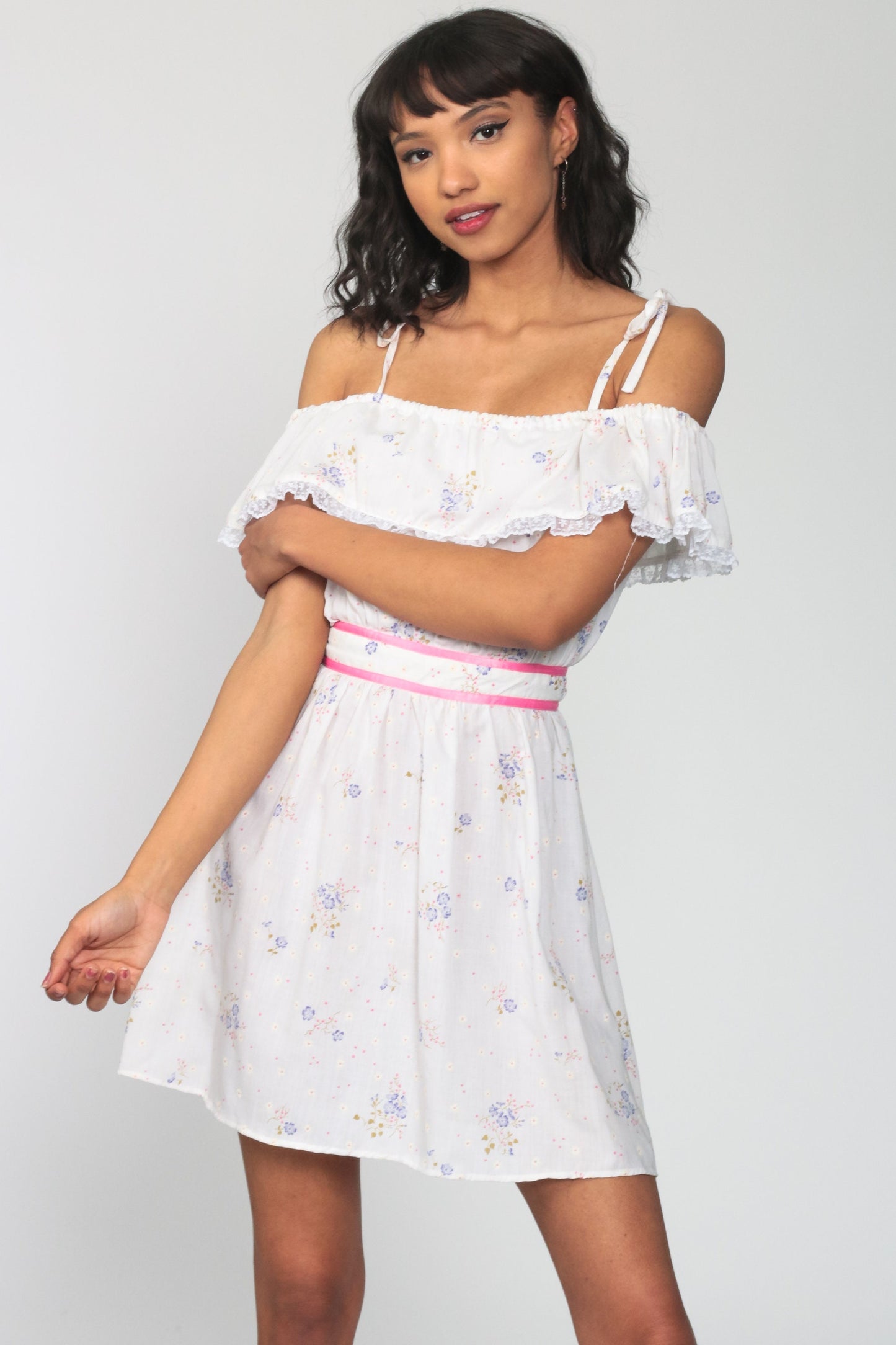 70s Floral Off-Shoulder Peasant Dress Mini Off-White Pink Trim Extra Small