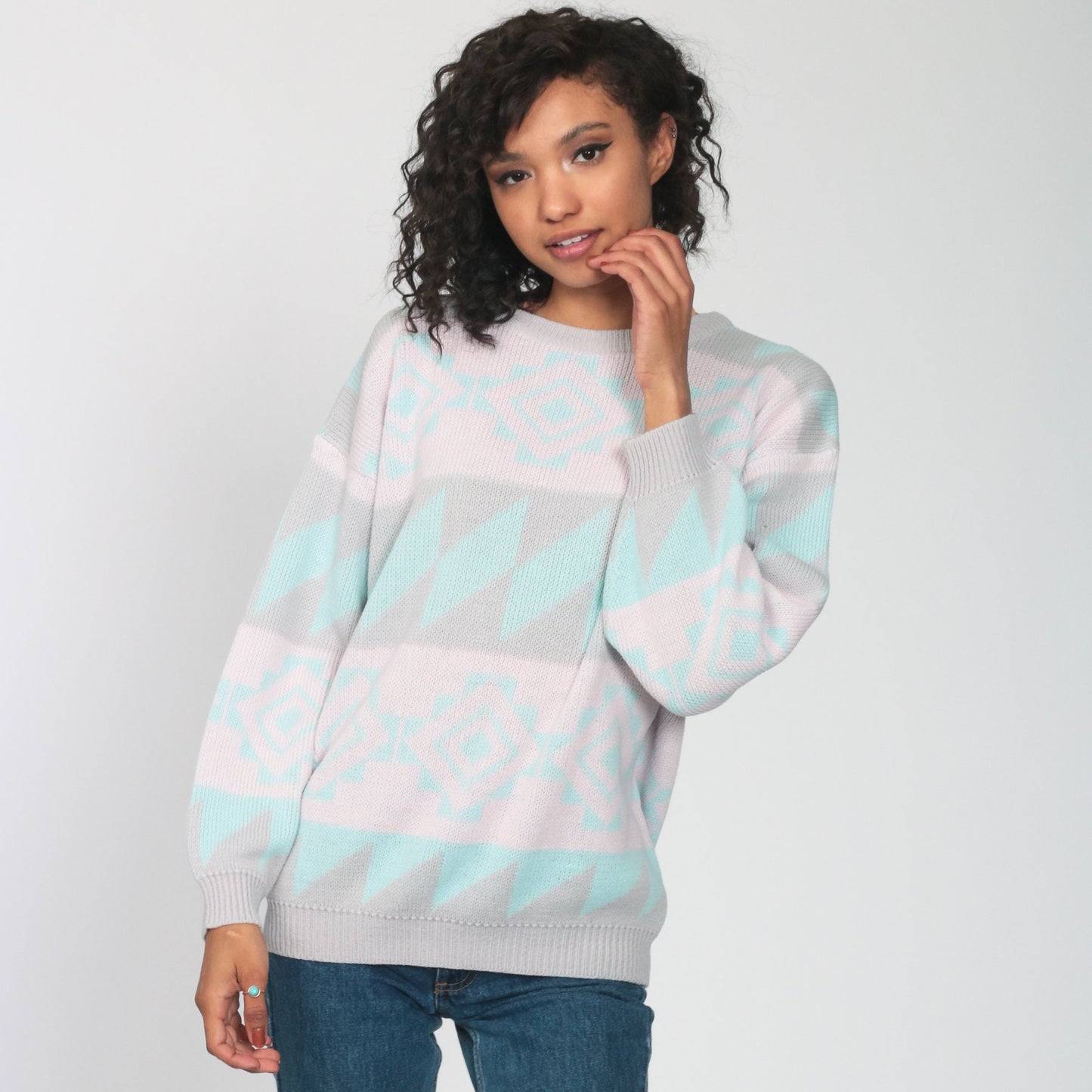 80s Southwestern Tribal Sweater Pastel Pink Geometric Knit Medium
