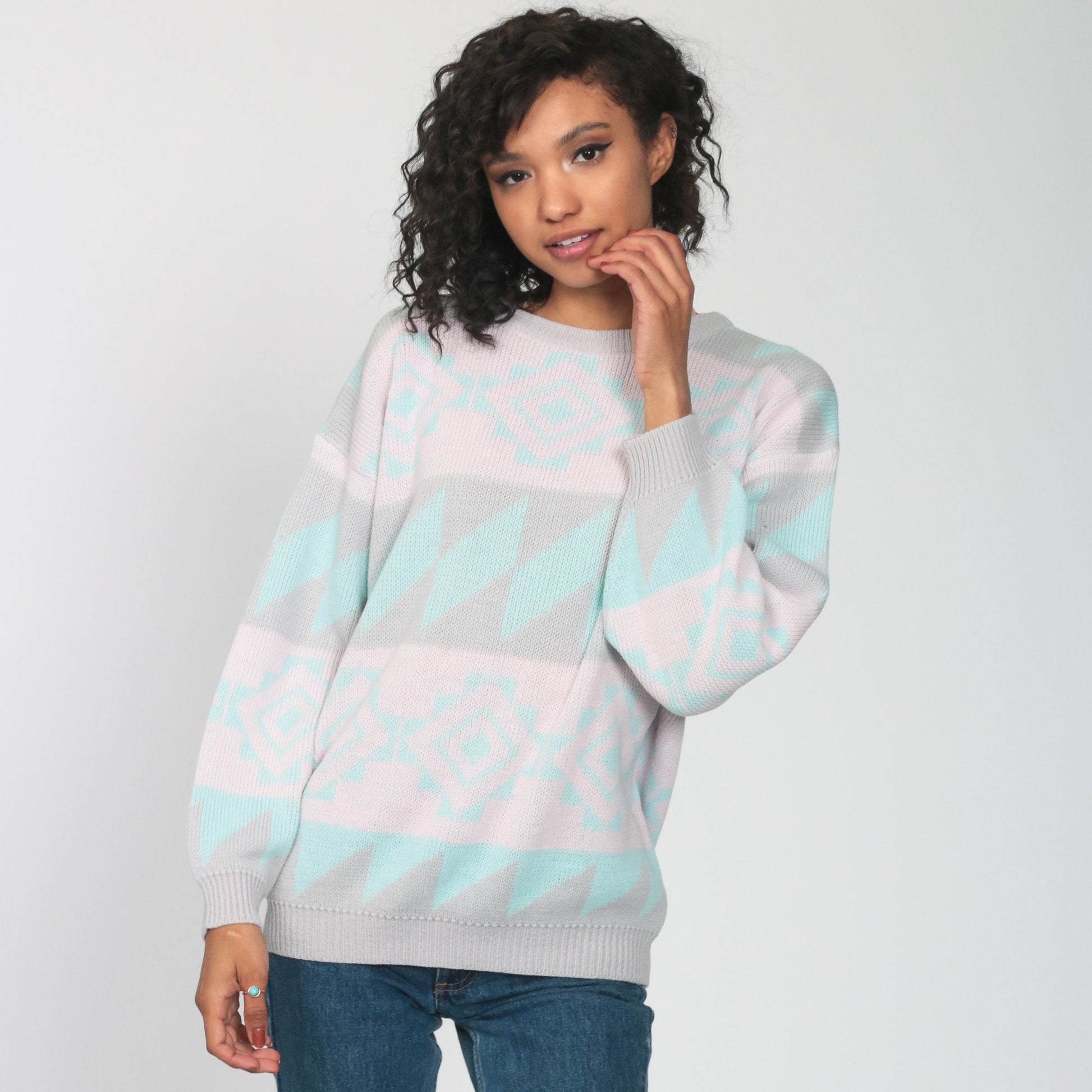 80s Southwestern Tribal Sweater Pastel Pink Geometric Knit Medium
