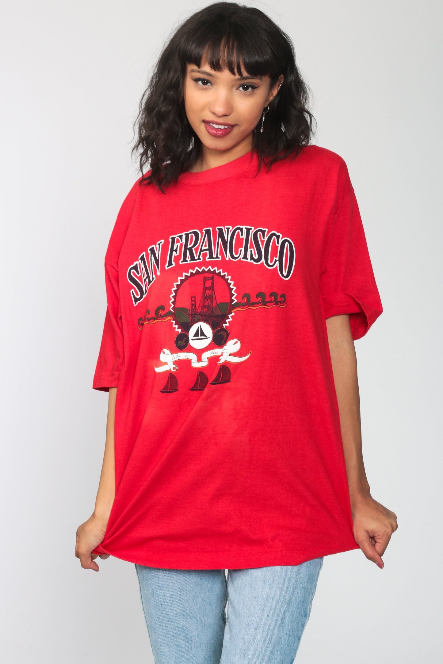 90s San Francisco Golden Gate Bridge Graphic Tee Red Sailboat Cotton Large