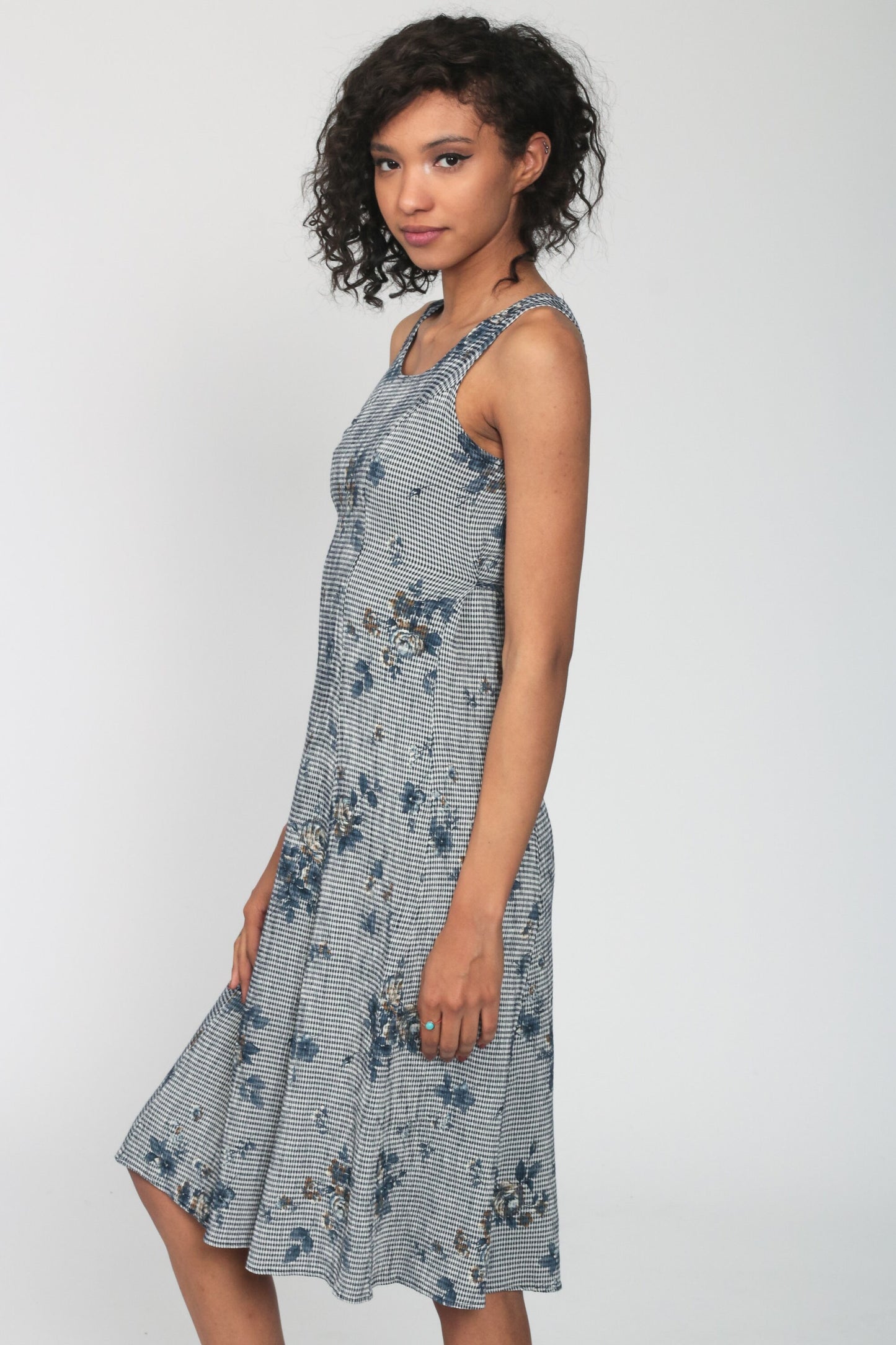 90s Gingham Floral Rayon Midi Dress Sleeveless Sheath Blue Extra Small