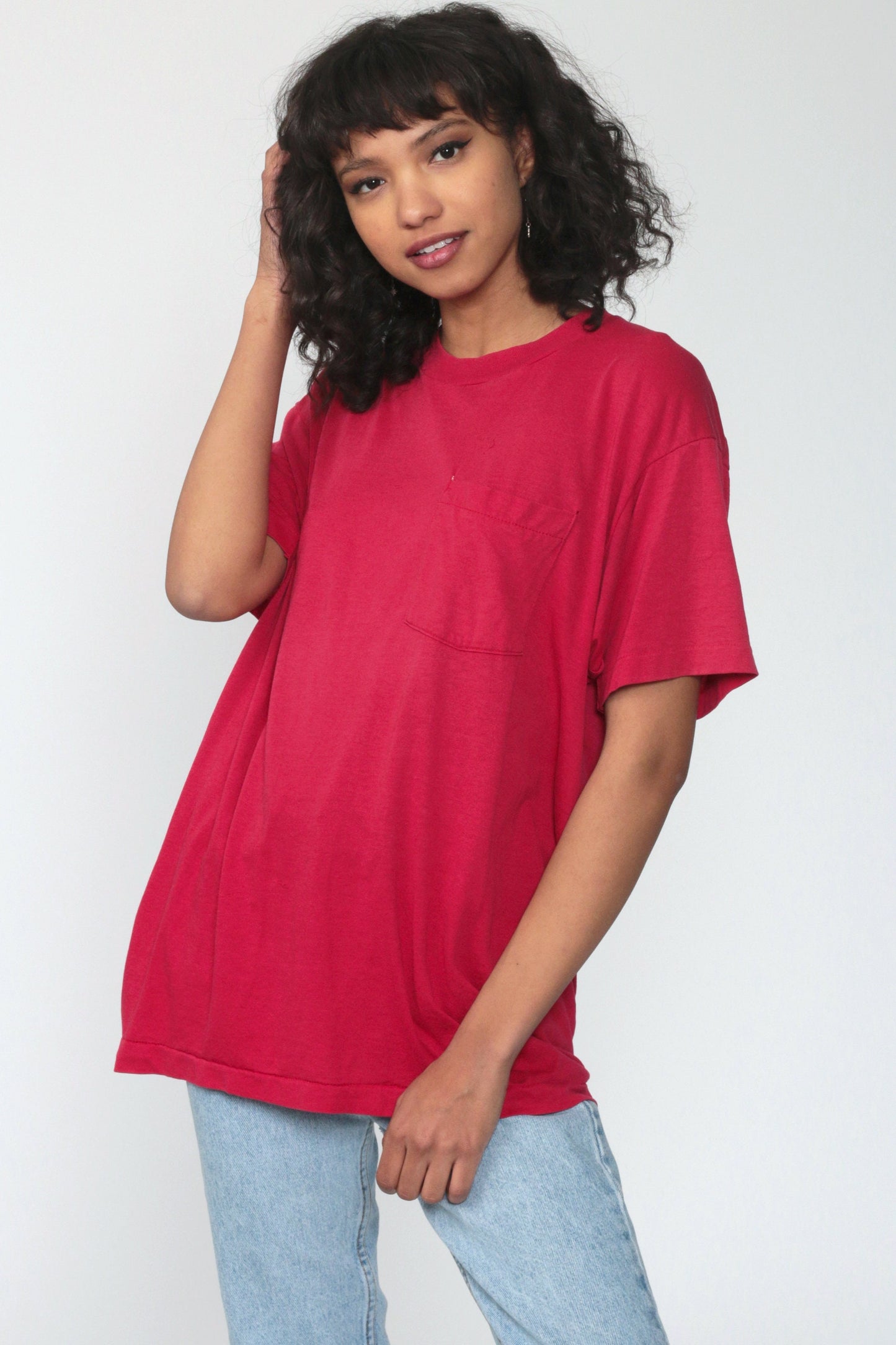 80s Deep Pink Single Stitch T-Shirt Pocket Tee Cotton Blend Large