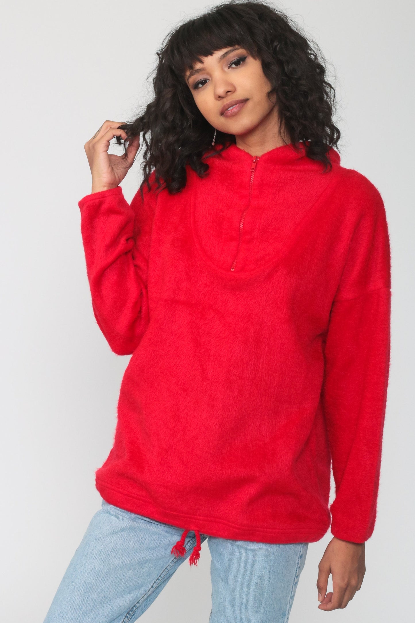 80s Red Fleece Hoodie Pullover Sweatshirt Medium
