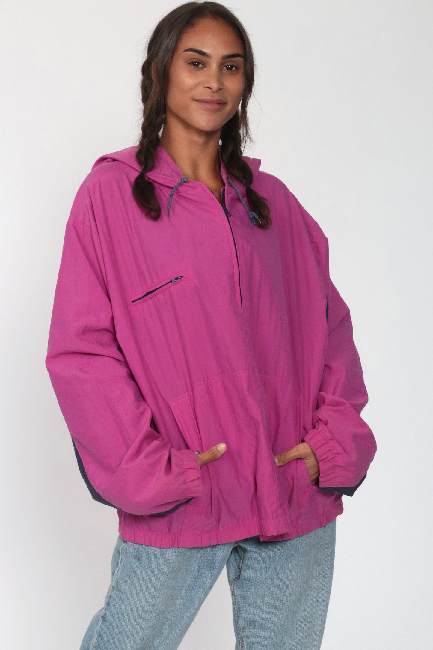90s Izod Hooded Windbreaker Magenta Half-Zip Pullover Jacket Extra Large