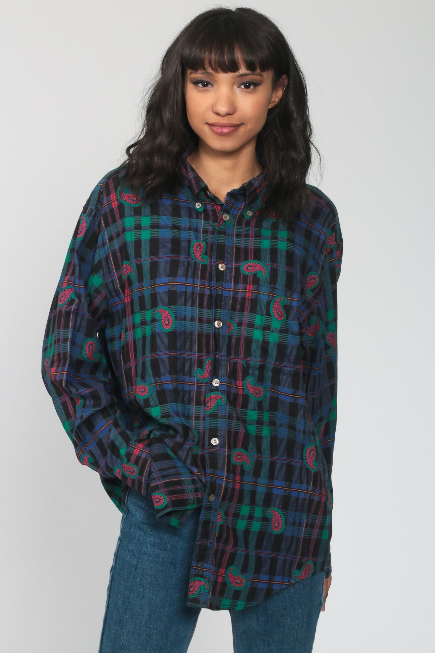 90s Plaid Paisley Button Up Shirt Blue Long Sleeve Blouse Large