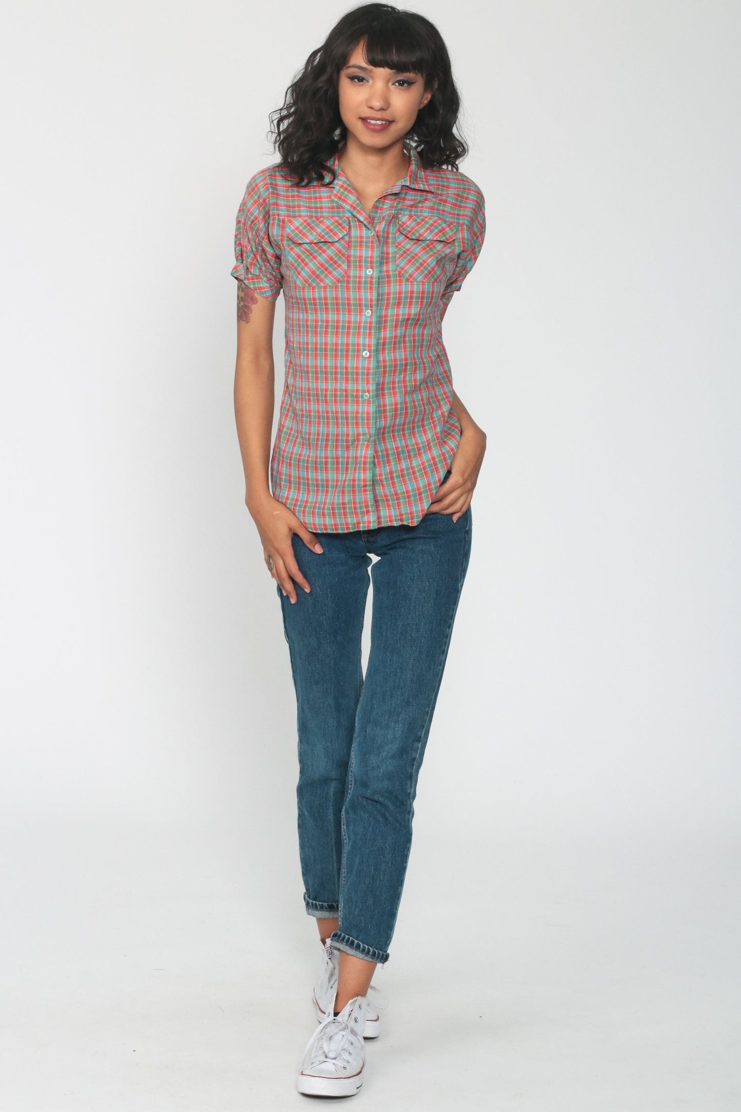 80s Plaid Cotton Button-Up Blouse Red Green Puff Sleeve Extra Small