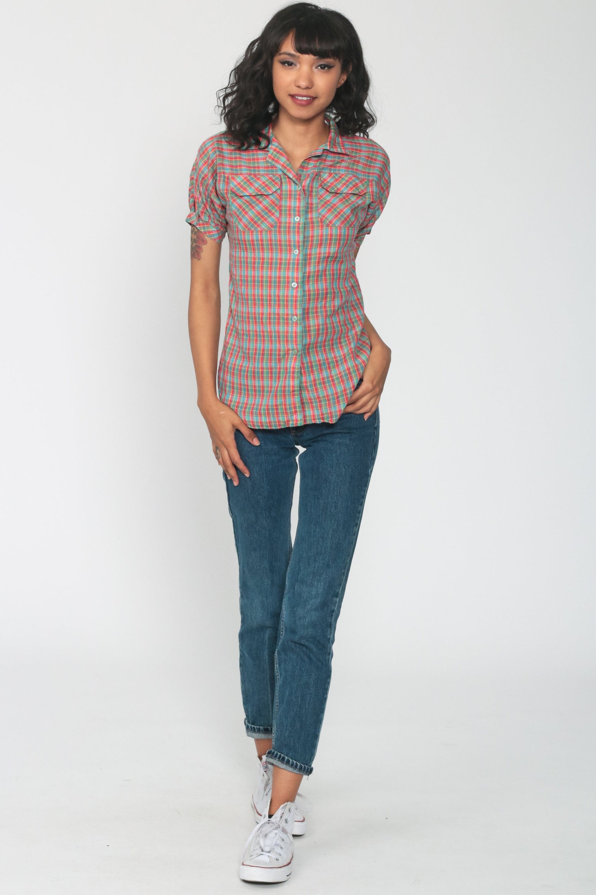 80s Plaid Cotton Button-Up Blouse Red Green Puff Sleeve Extra Small