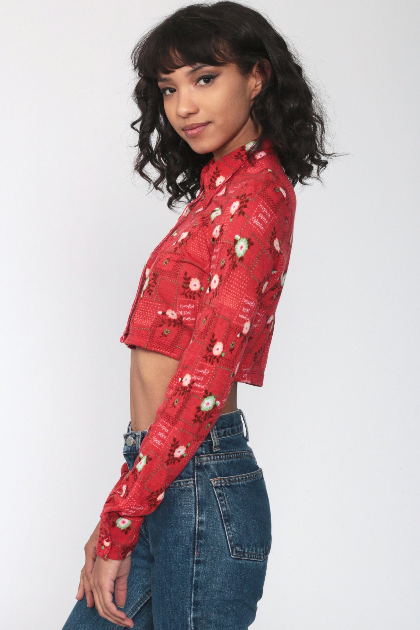 70s Red Floral Button-Up Blouse Long Sleeve Crop Top Extra Small