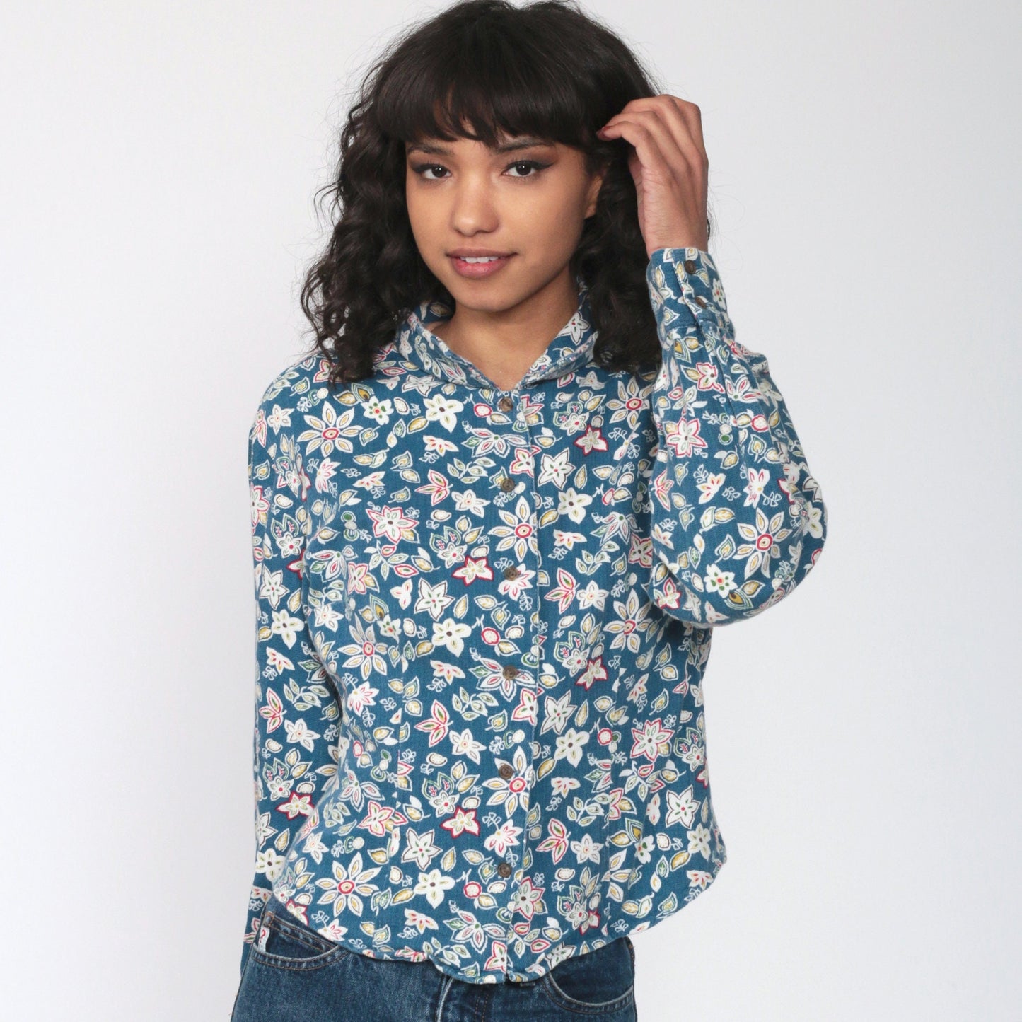 Guess 90s Floral Button-Up Blouse Blue Long Sleeve Medium
