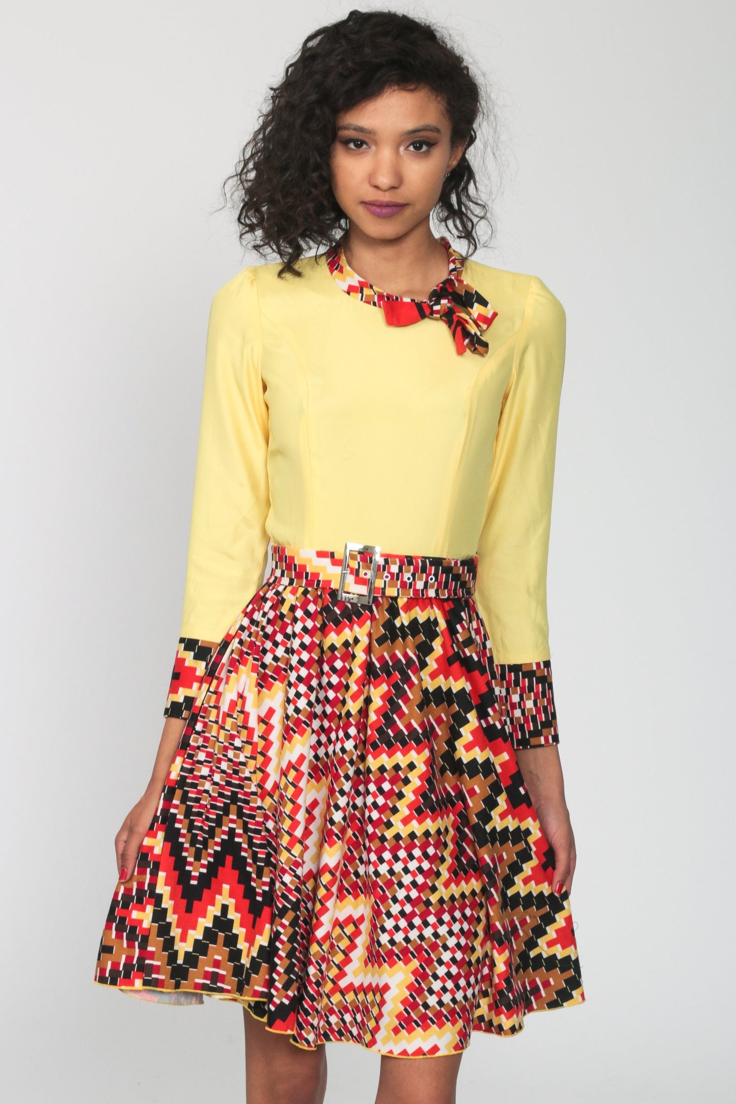 70s Geometric Mini Dress Long Sleeve High Waist Yellow Orange Extra Small