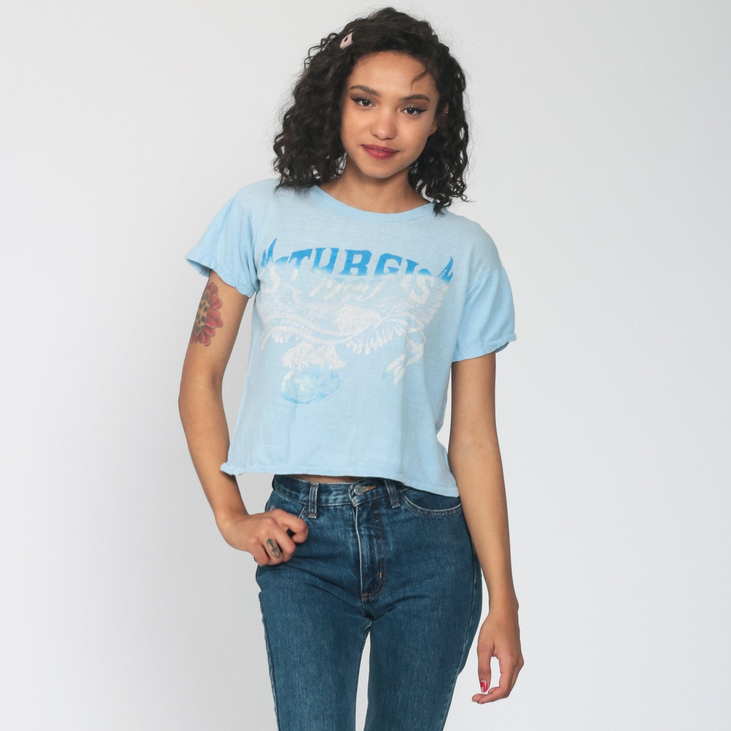 1990 Sturgis Bald Eagle Motorcycle Graphic T-Shirt Baby Blue Burnout Small