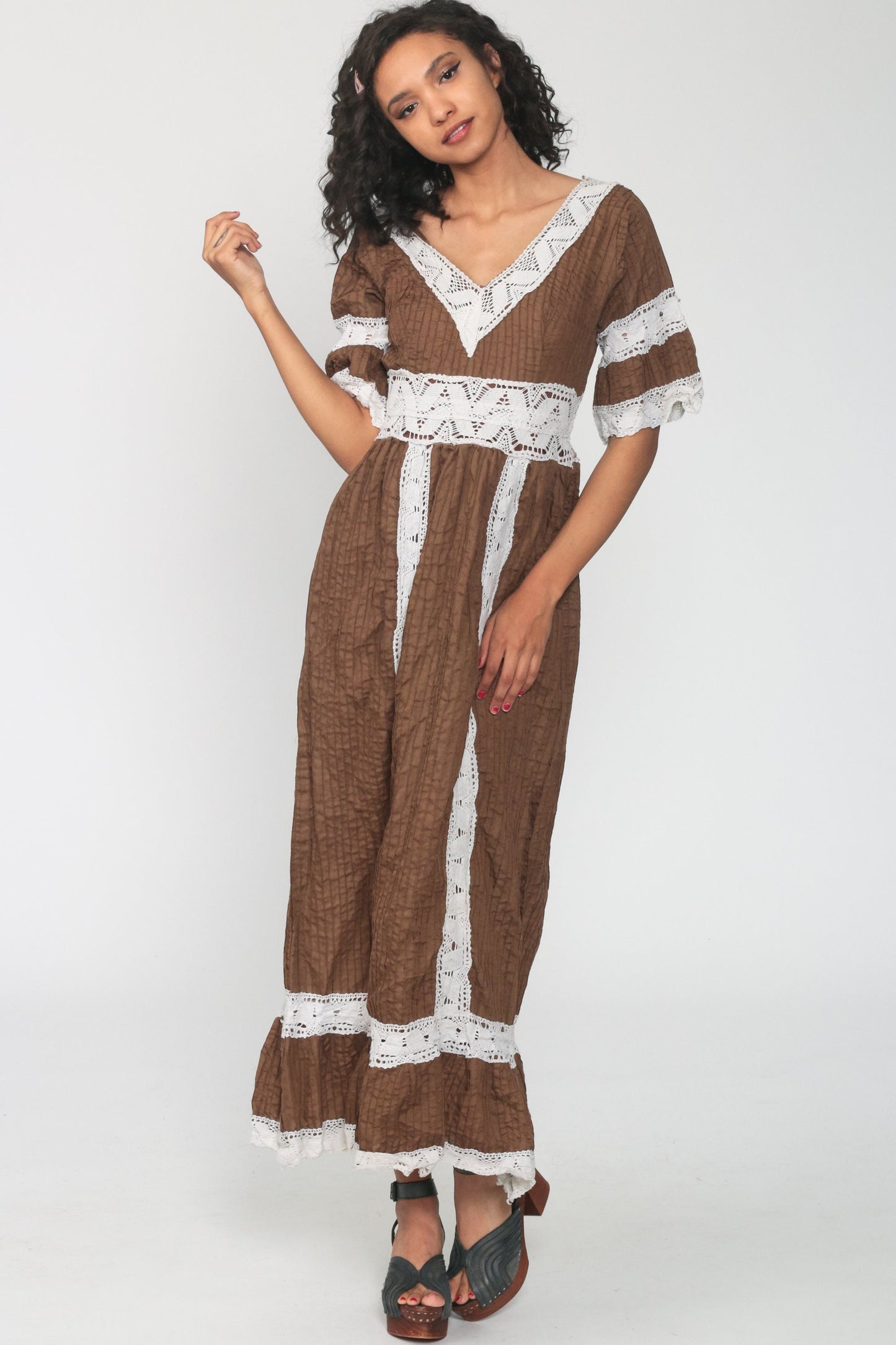 70s Mexican Wedding Maxi Dress Brown Crochet Lace Bell Sleeve Extra Small