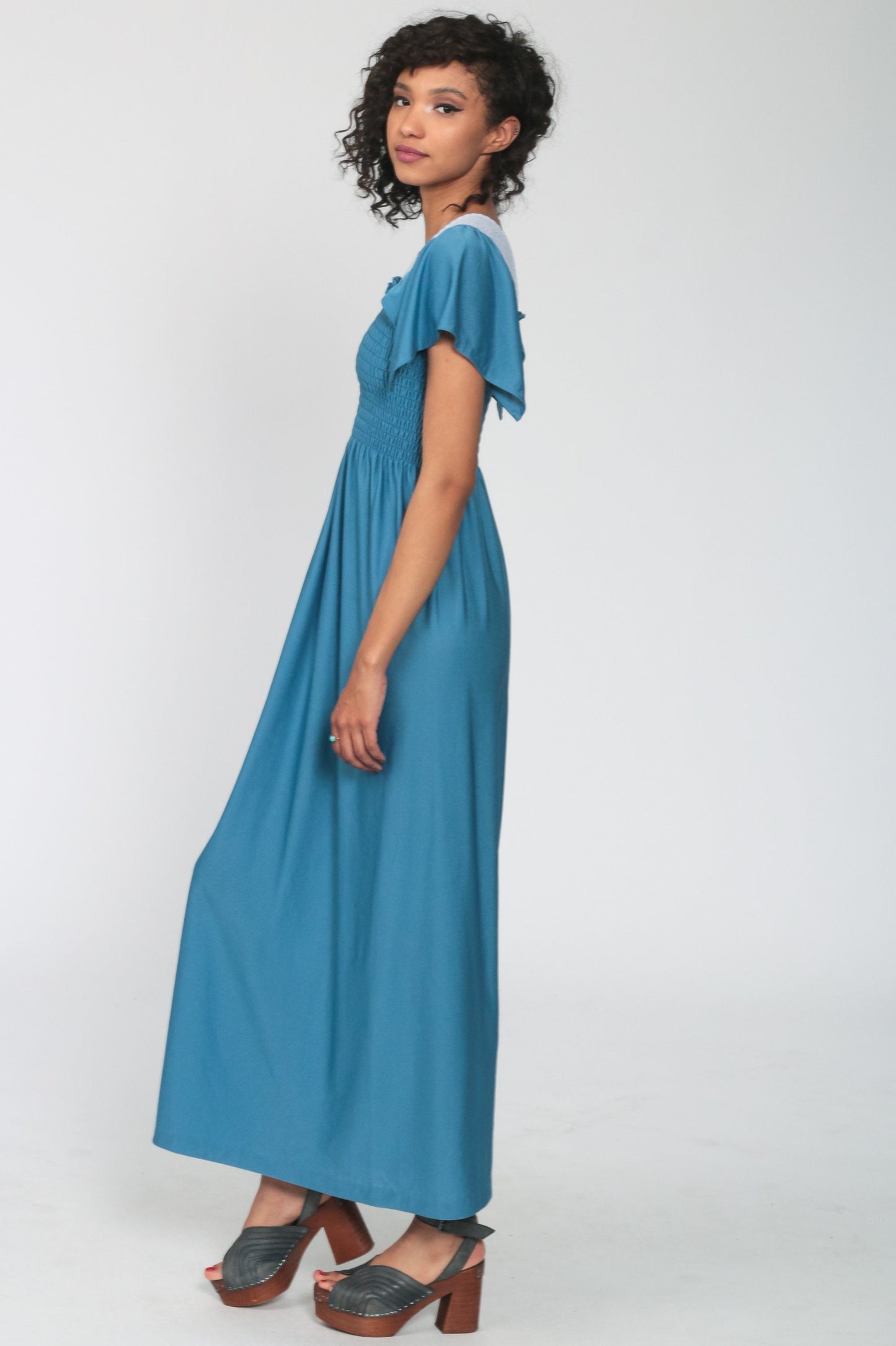 70s Blue Maxi Dress Smocked Bodice Flutter Sleeve Lace Trim Extra Small