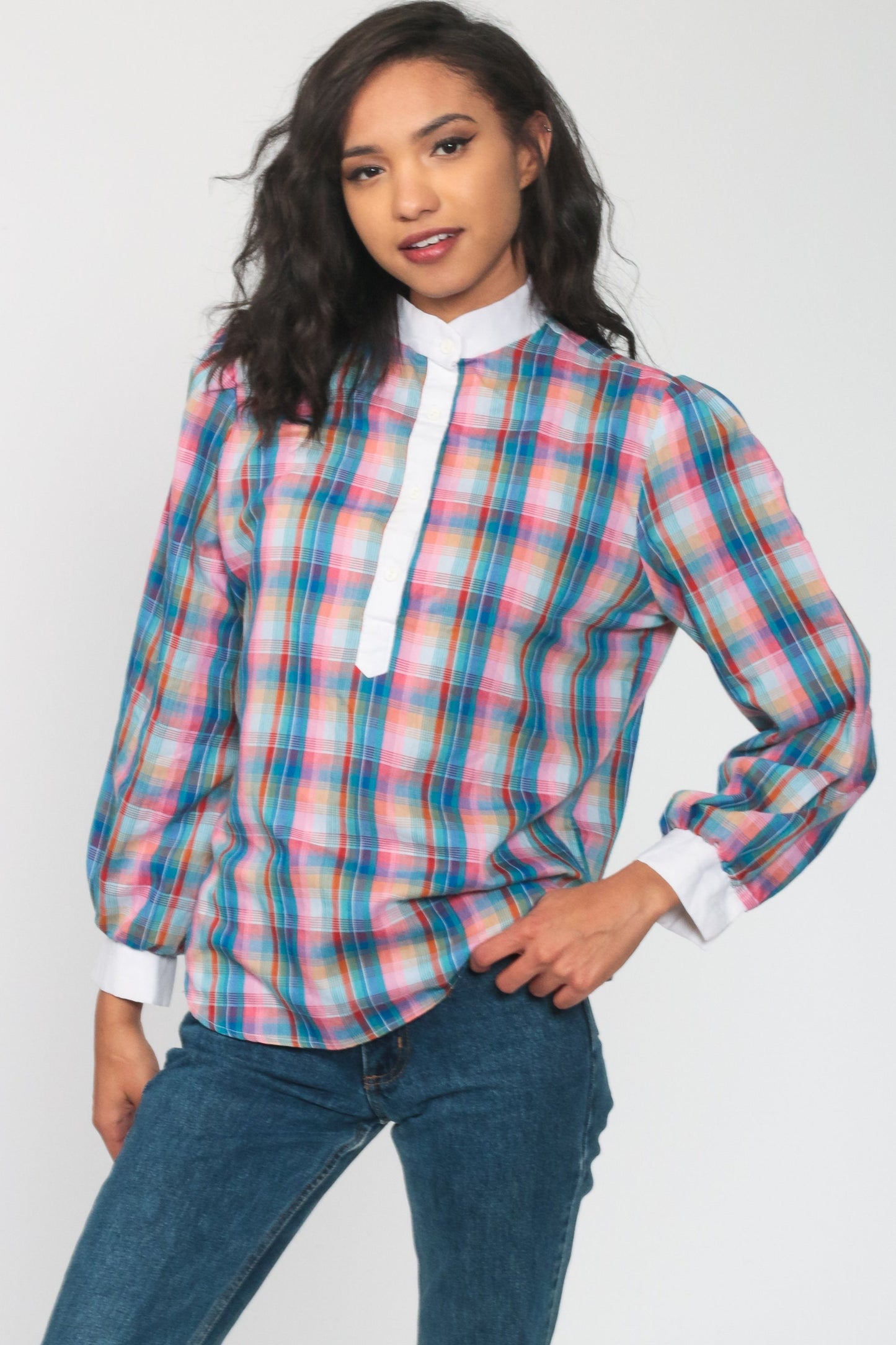 80s Plaid Button-Up Blouse Multicolor Long Sleeve Shirt Medium Large
