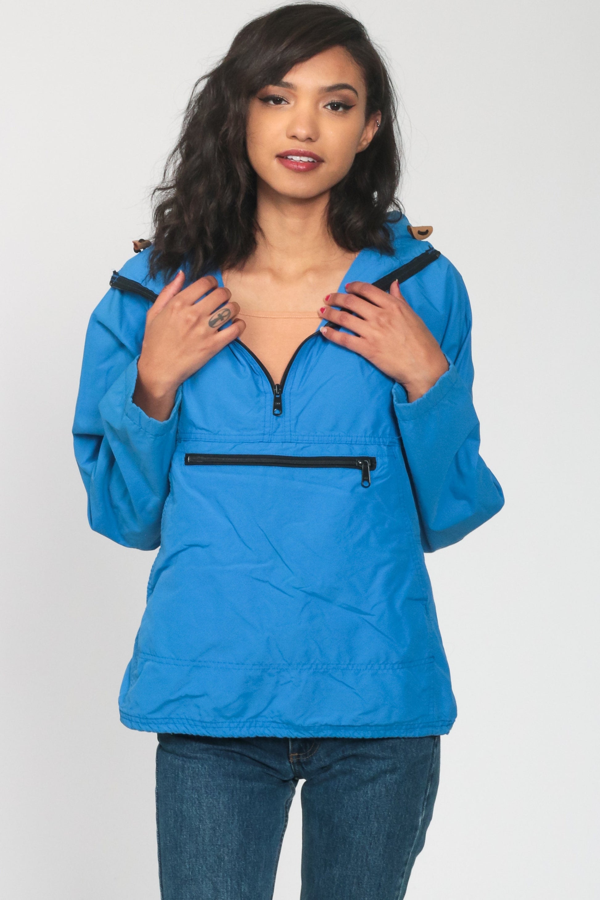 LL Bean Blue Hooded Half-Zip Windbreaker Jacket Women's Medium