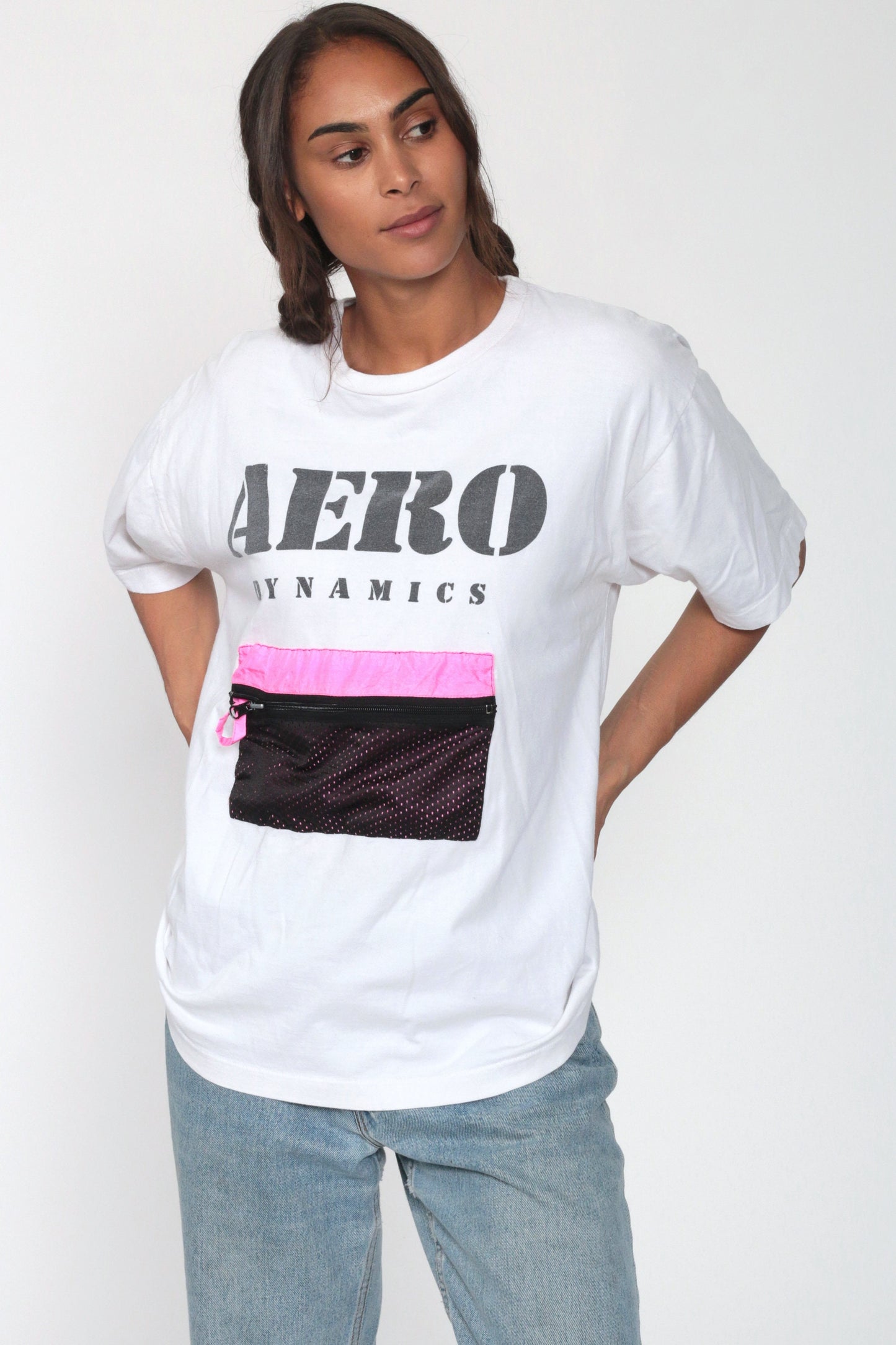 90s Aero Dynamics Neon Slogan Graphic T-Shirt Cotton Small