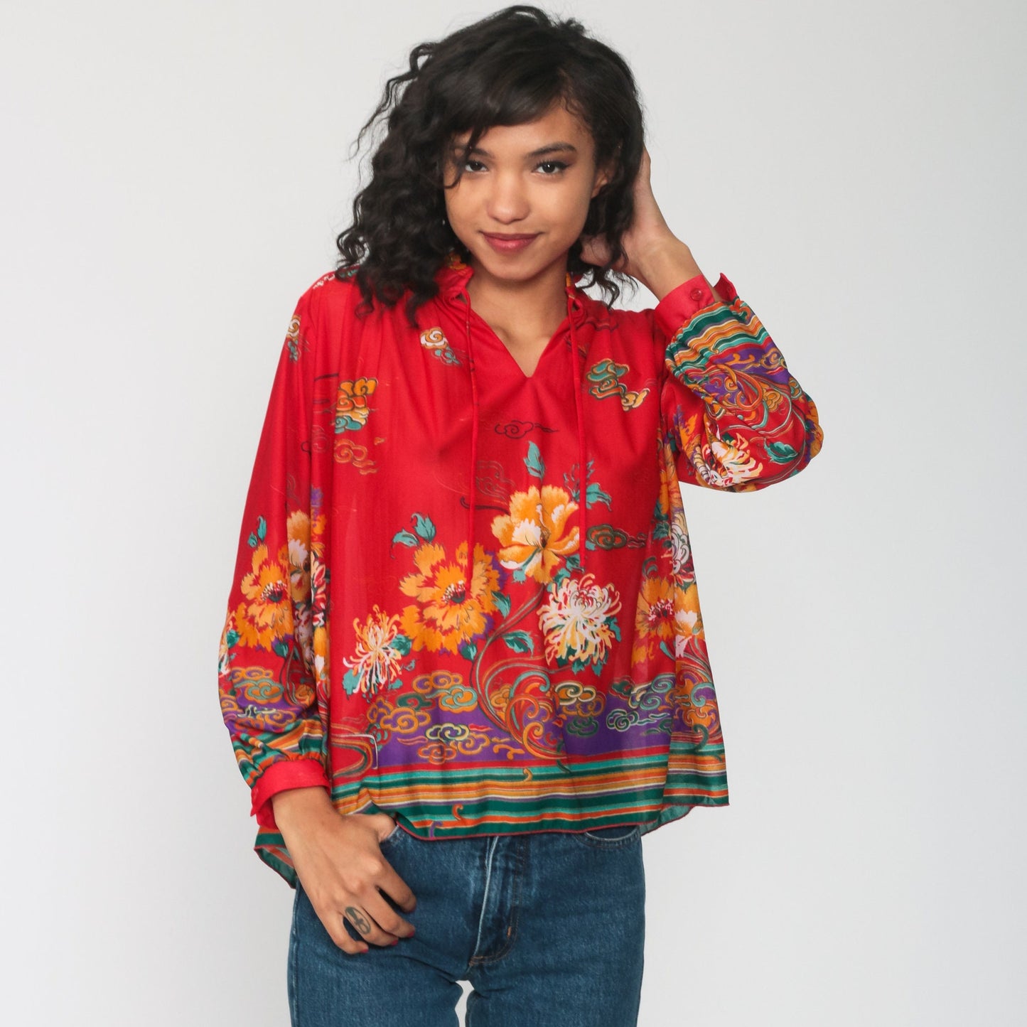 70s Red Floral Print Long Sleeve Blouse Tunic Medium Large