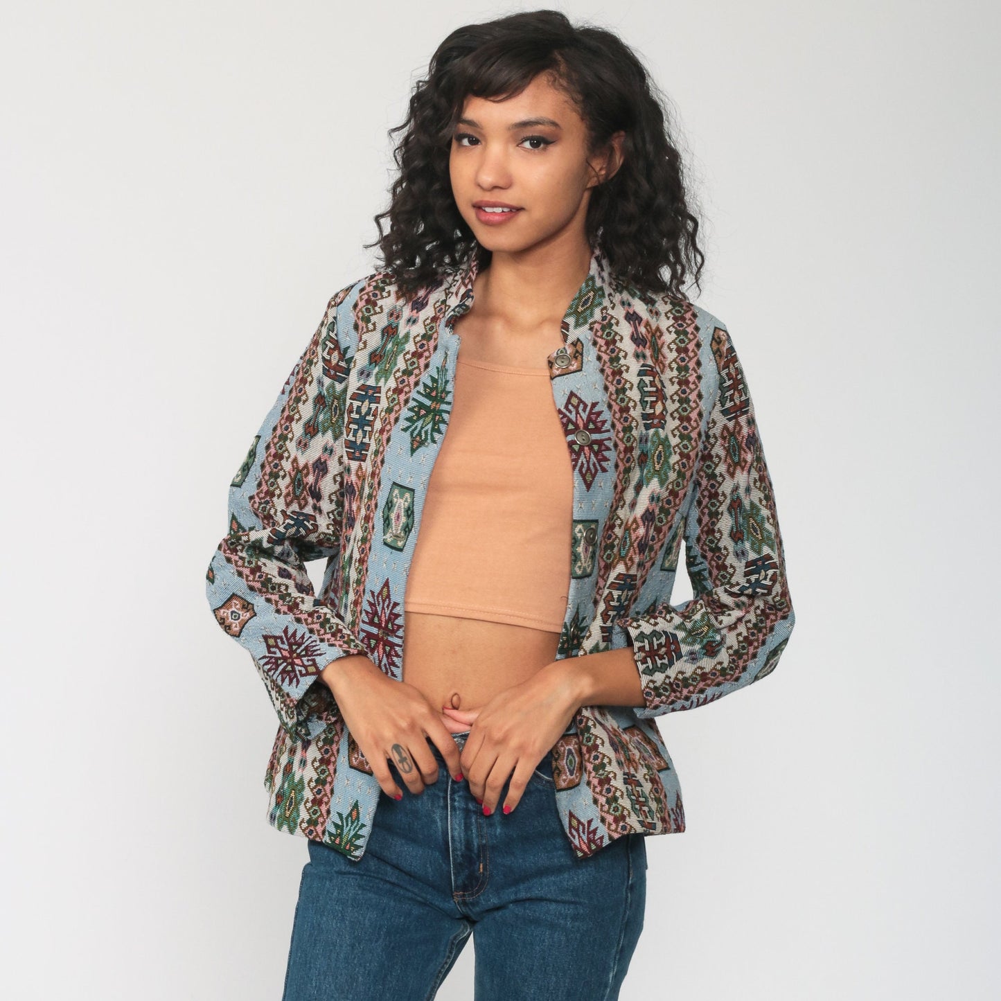 80s Southwestern Tribal Blanket Jacket Aztec Print Blue Blazer Small