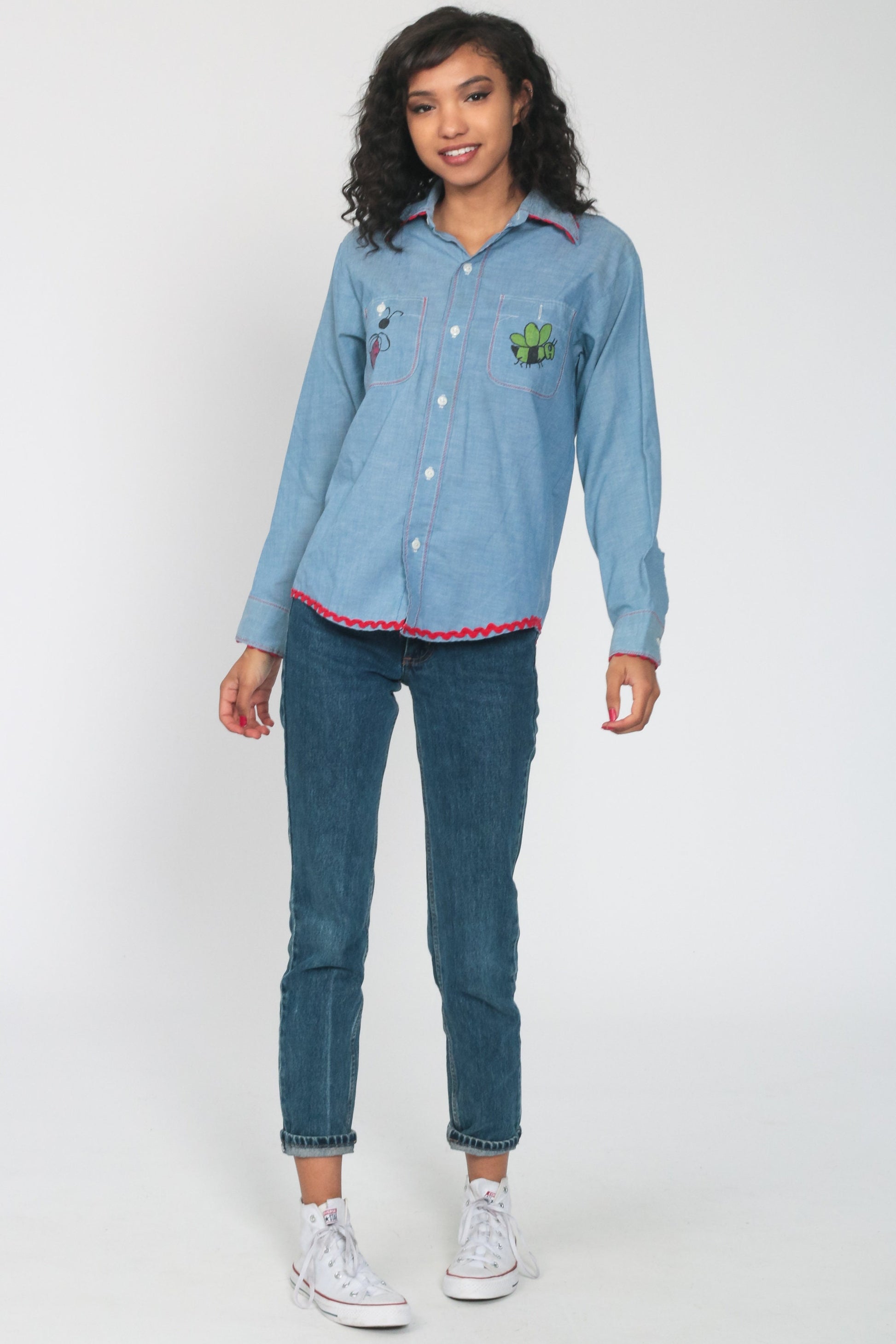 70s Raggedy Ann Andy Chambray Western Shirt Blue Graphic Button Up Medium
