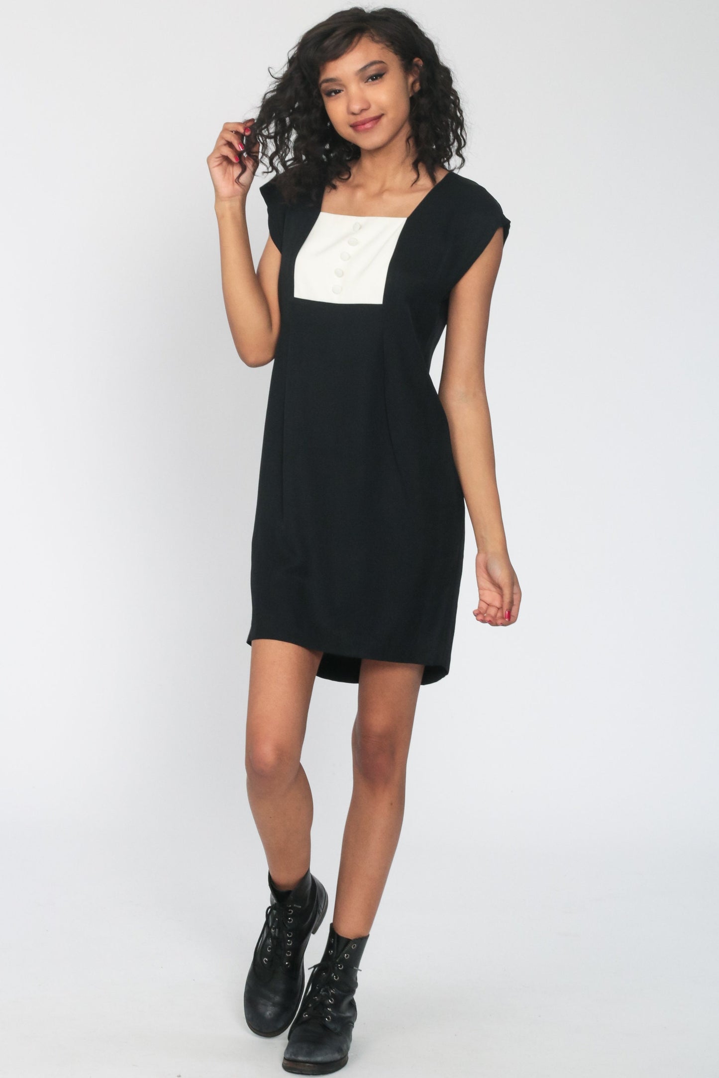 90s Black Mini Dress with Off-White Bib Cap Sleeves Sheath Small