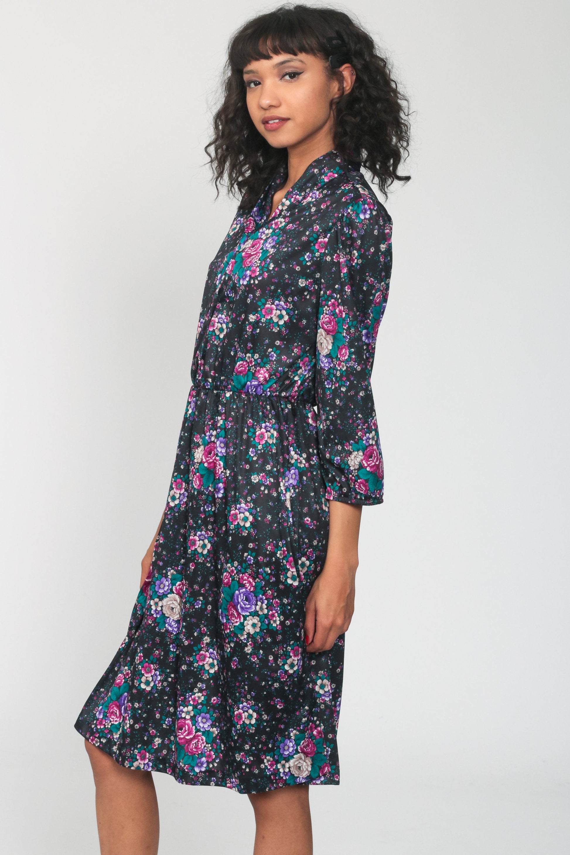 70s Floral Midi Dress High Waist Button Up Long Sleeve Black Purple Medium