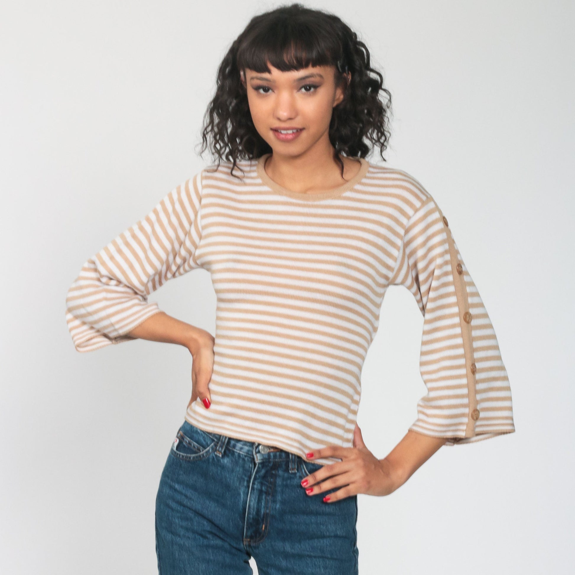 70s Tan Striped Knit Pullover Wide Sleeve Sweater Extra Small