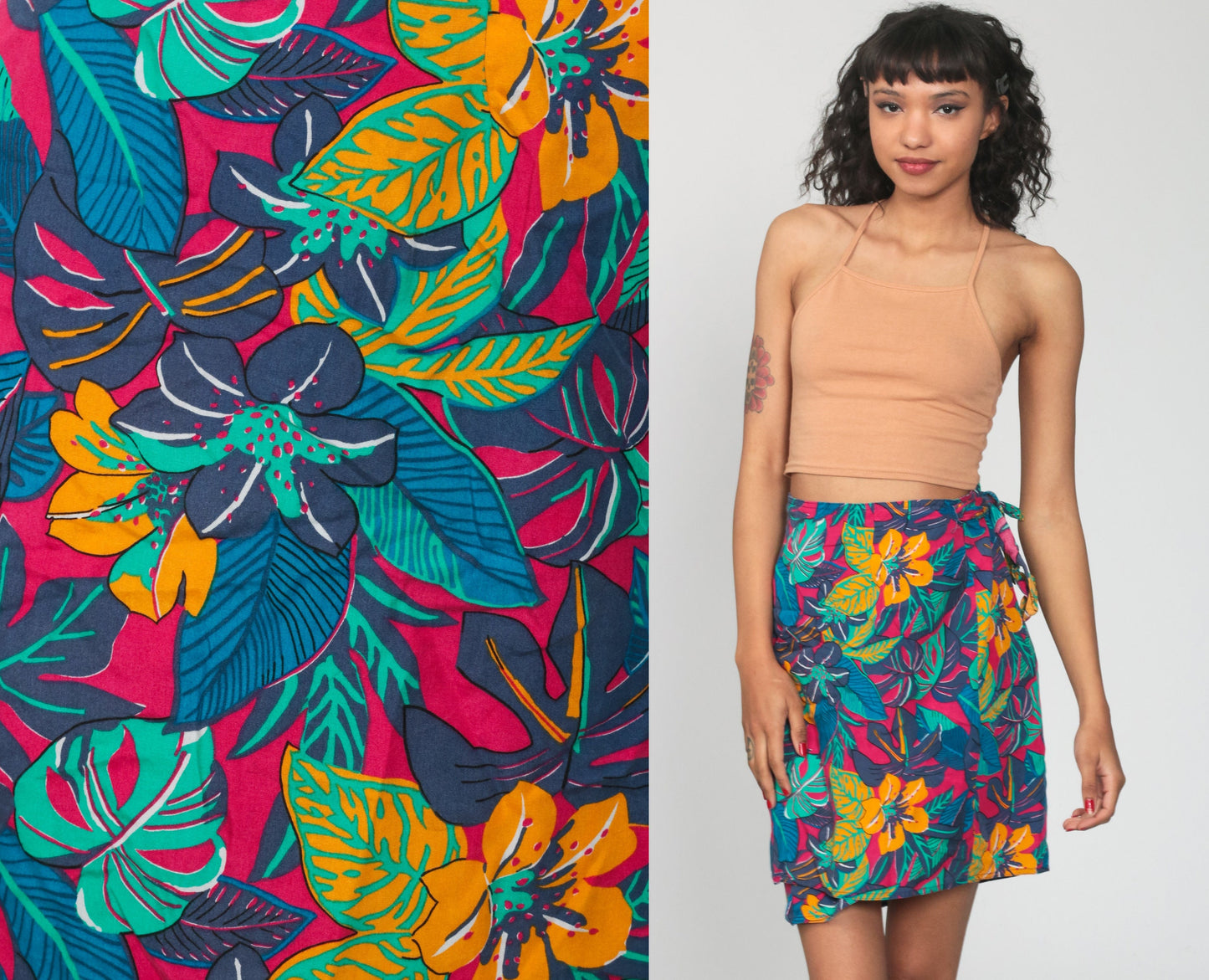 90s Tropical Floral Wrap Skirt Mini High Waist Small Medium
