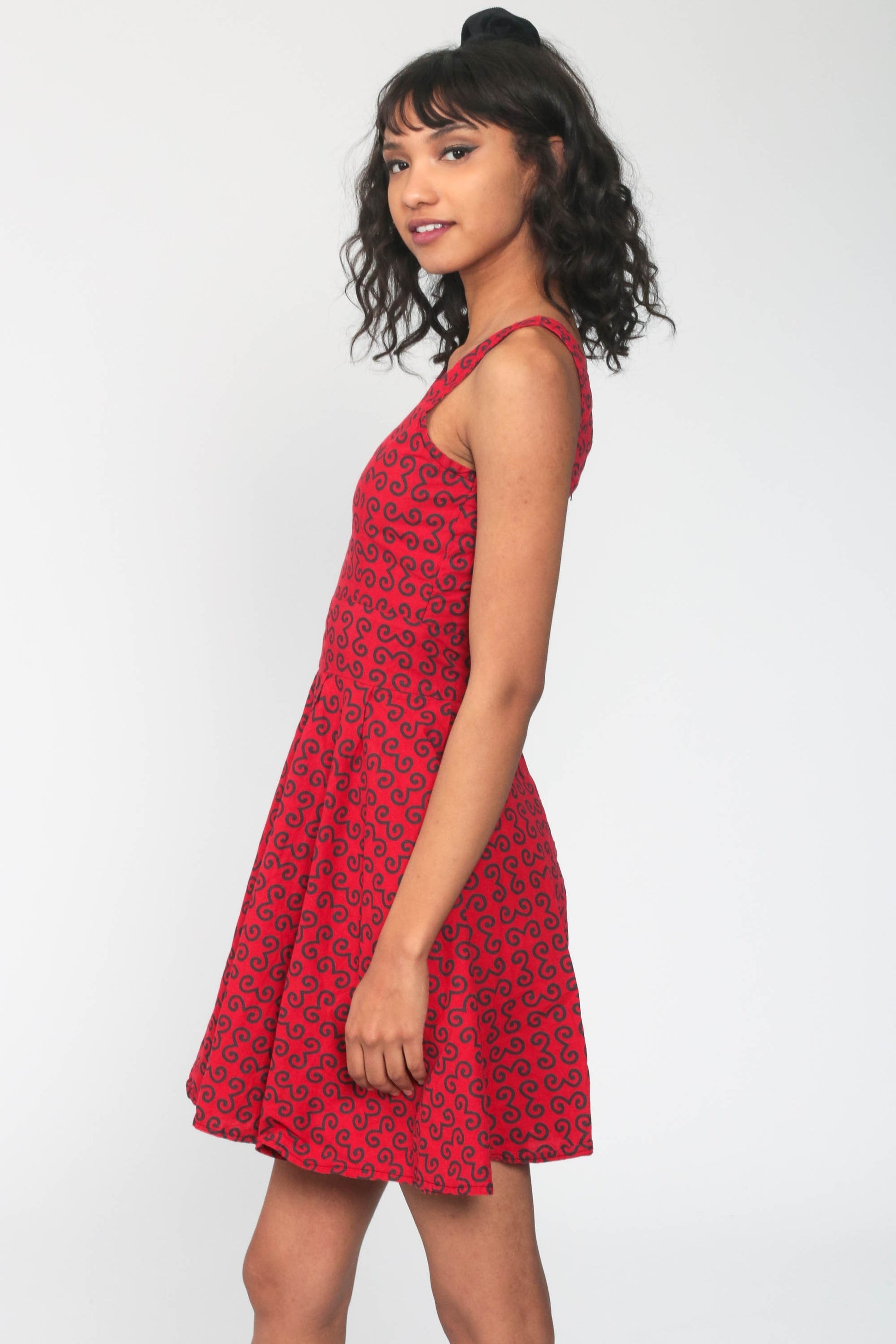 90s Babydoll Dress Red Geometric Mini High Waist Sleeveless Extra Small