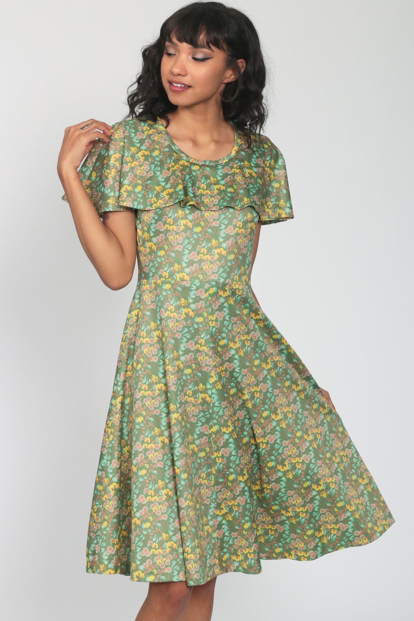 70s Green Floral Midi Dress Capelet High Waist Sleeveless Small