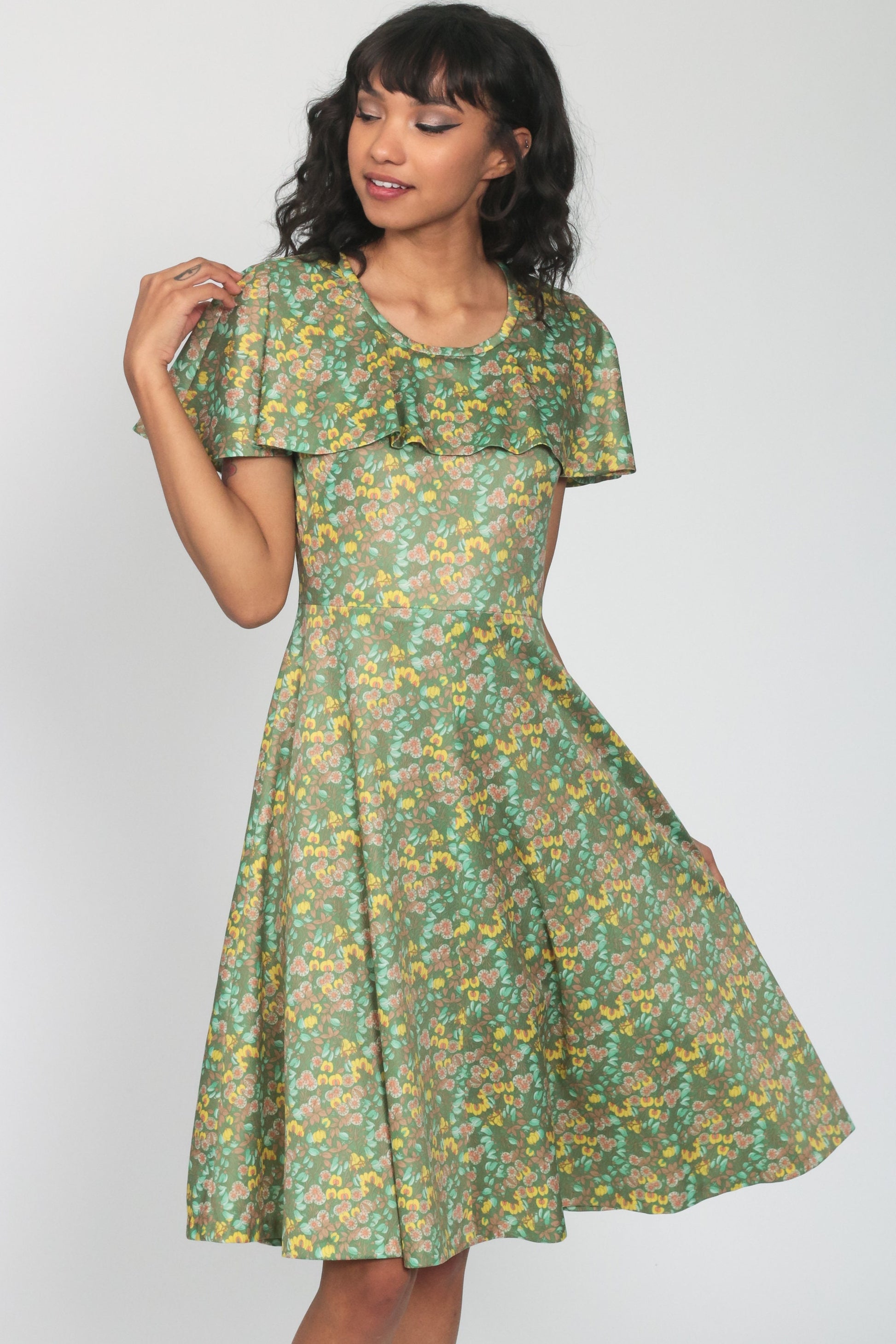 70s Green Floral Midi Dress Capelet High Waist Sleeveless Small