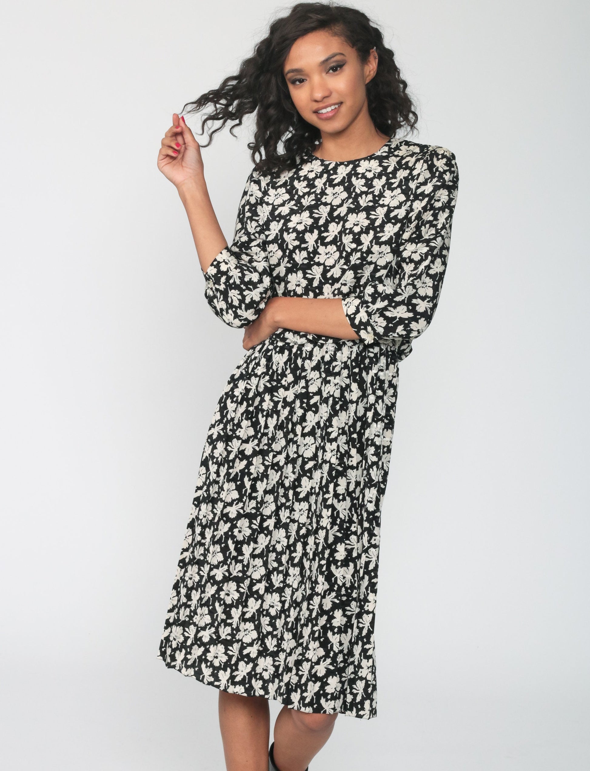 80s Black Floral Midi Dress High Waist Pleated Skirt Small 4