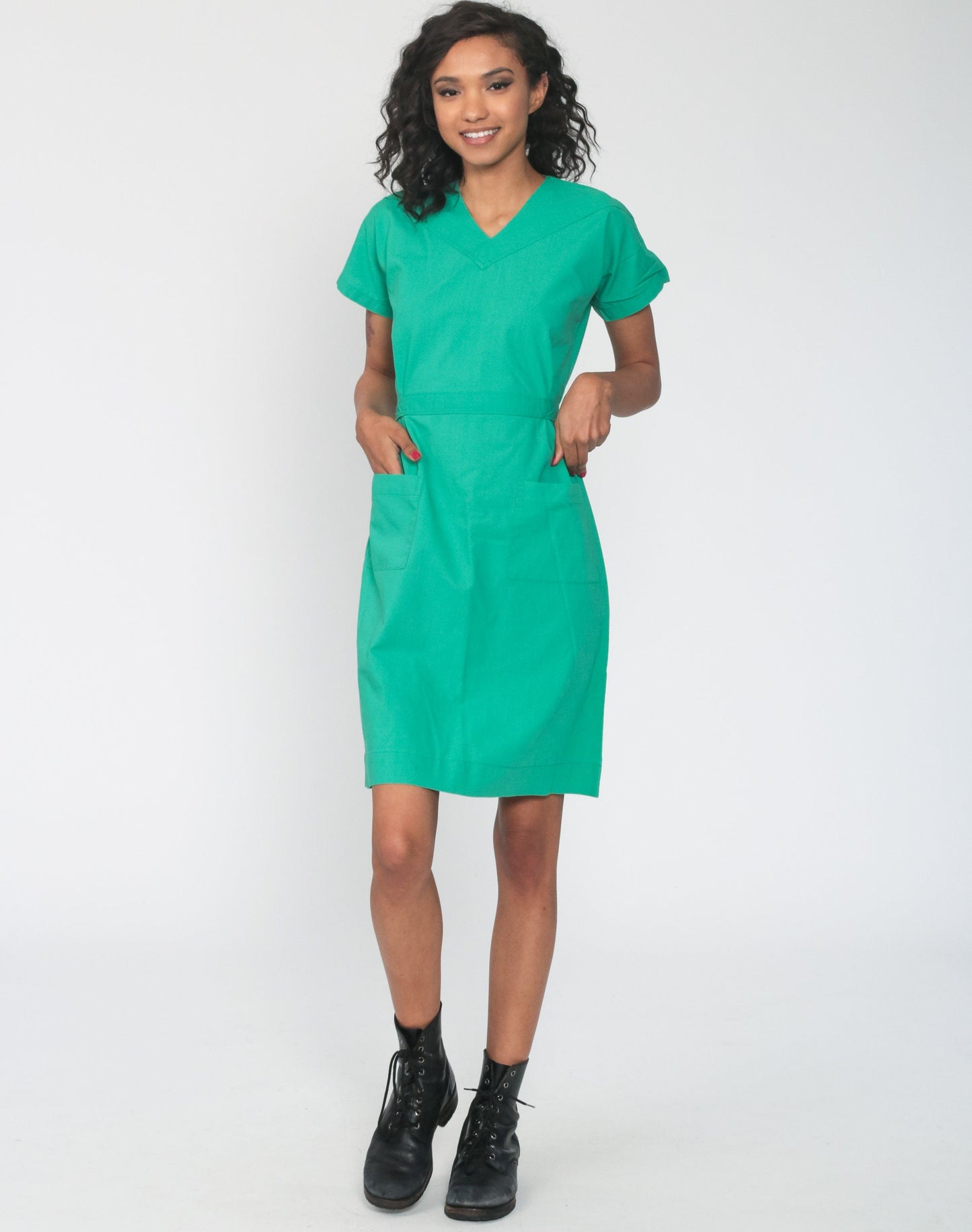 70s Green Midi Dress Cap Sleeve High Waist V Neck Pocket Small
