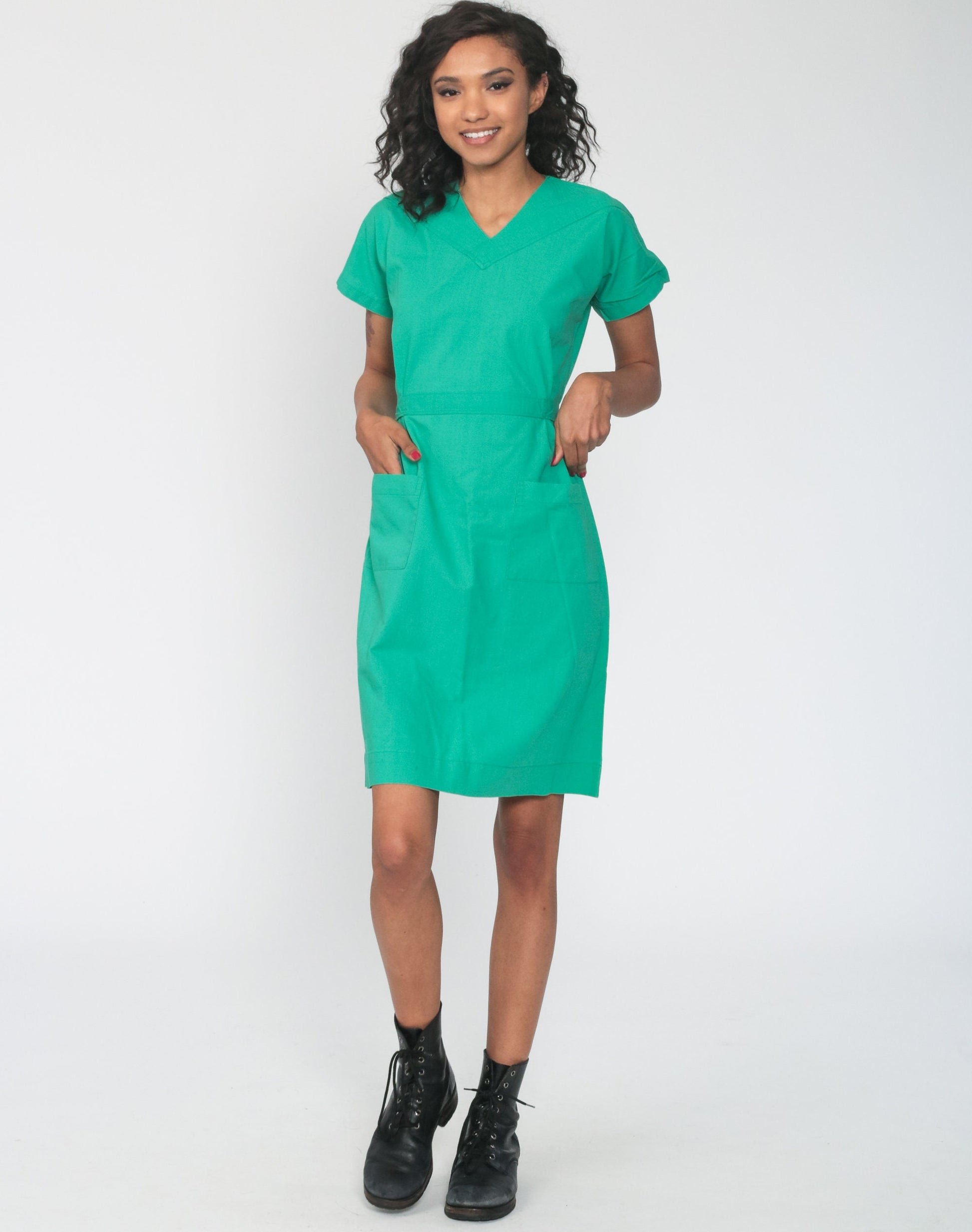 70s Green Midi Dress Cap Sleeve High Waist V Neck Pocket Small