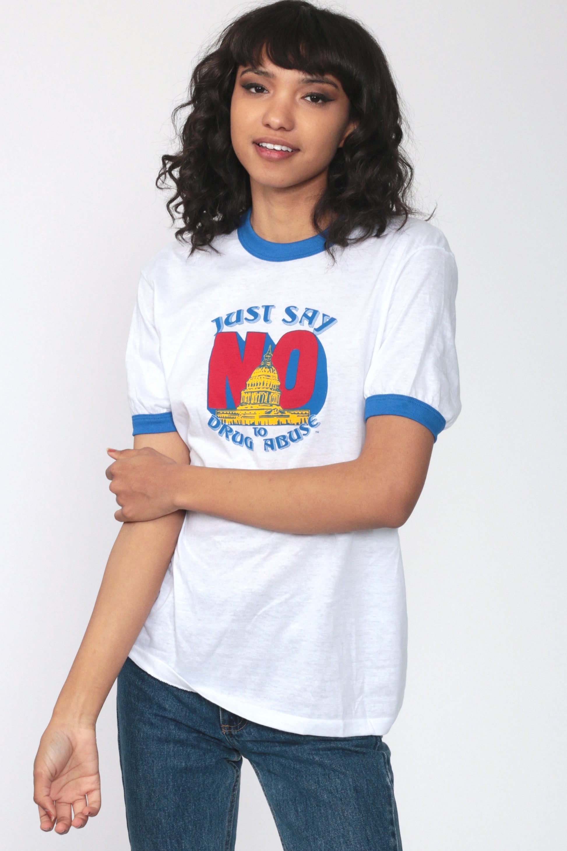 80s Say No To Drugs Ringer T-Shirt Burnout Graphic Tee Unisex Small