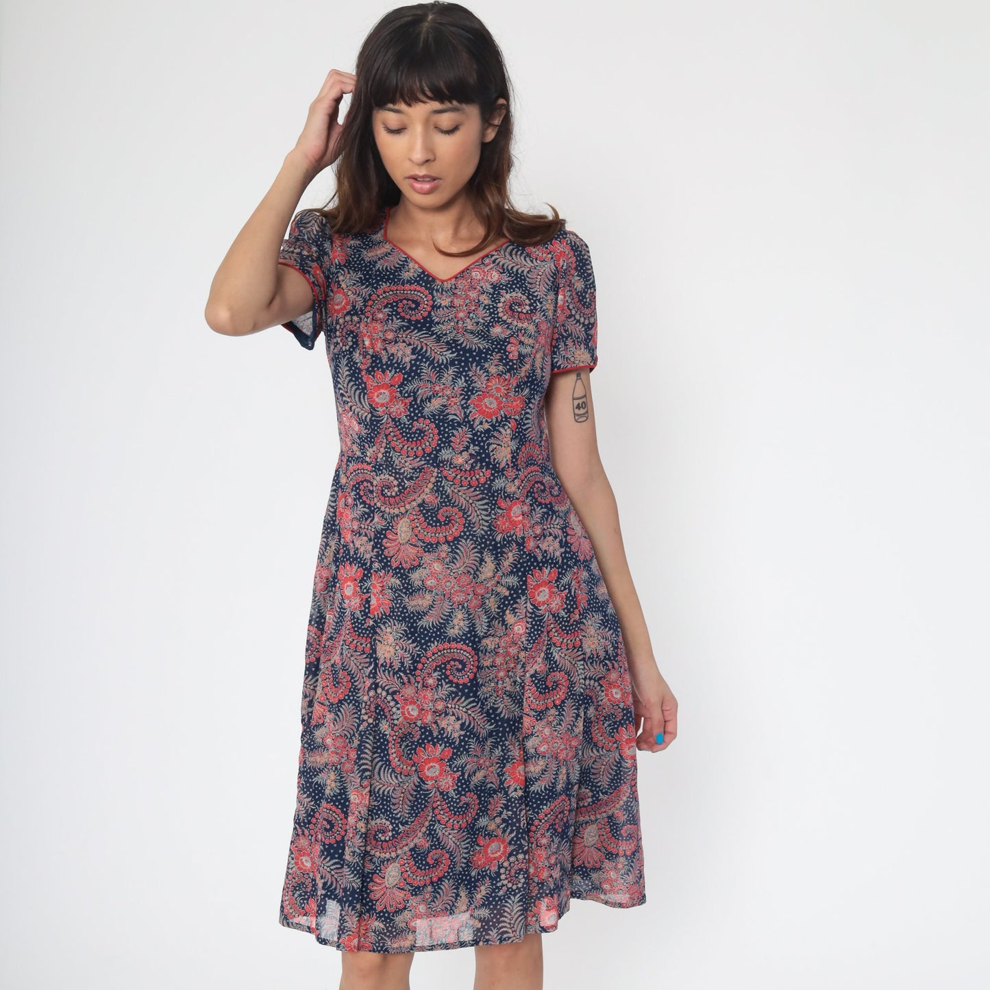 70s Floral Mini Shift Dress Puff Sleeve Red Navy Small
