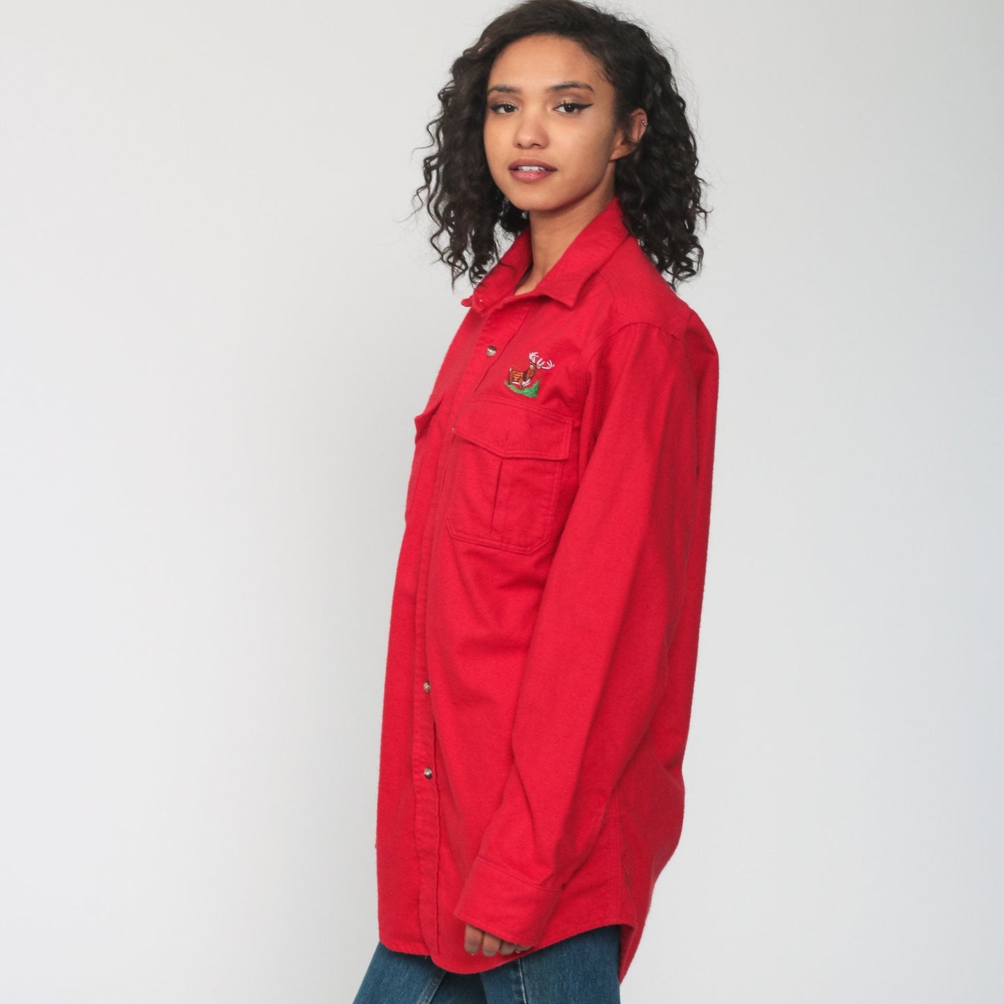 90s Scheels Sports Outfitters Deer Graphic Button-Up Shirt Red Cotton Large Tall